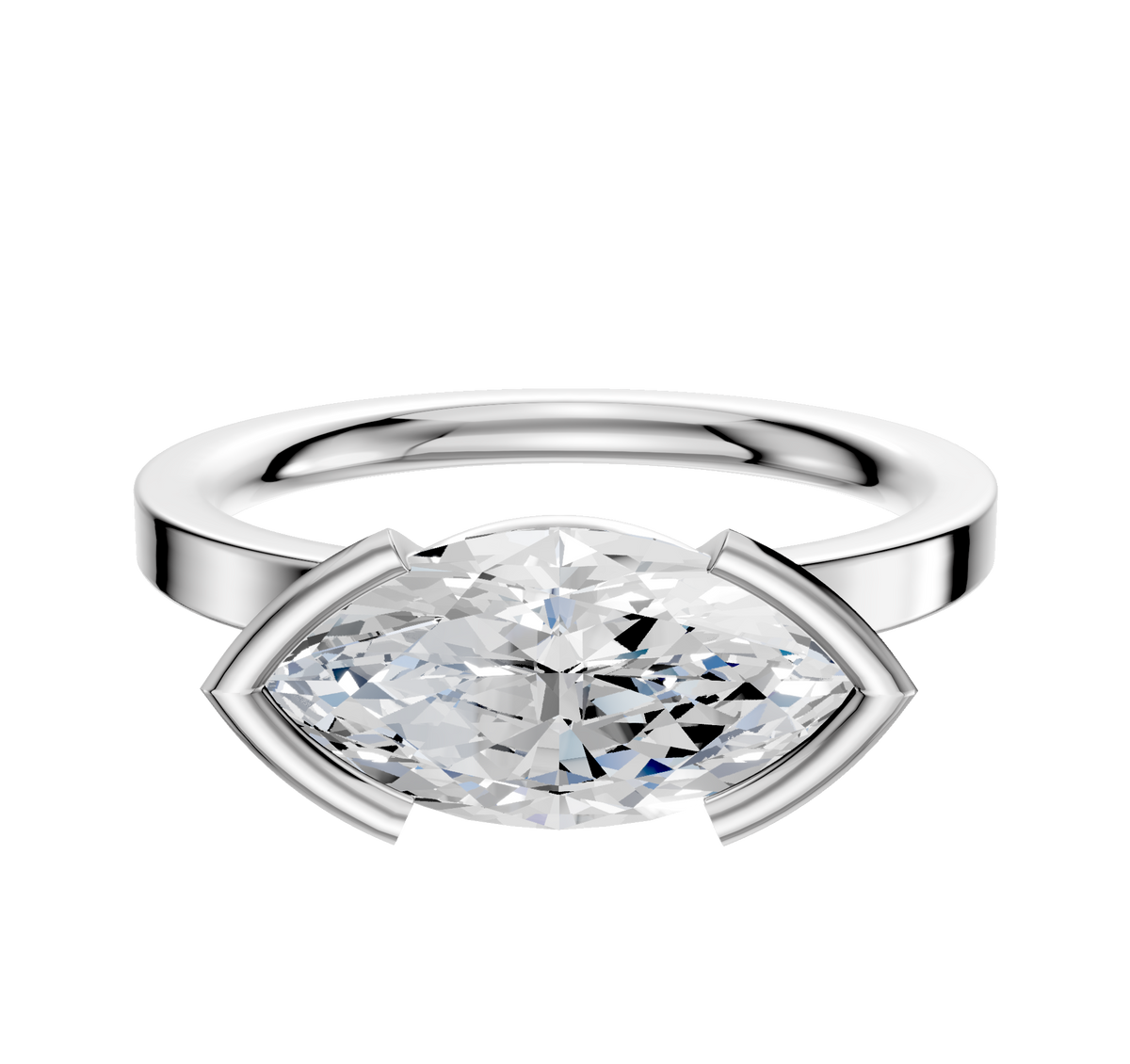 A Platinum Bezel Half Bezel East/West Classic Flat 2.0mm Engagement Ring featuring a horizontal marquise diamond, showcased against a plain light background.