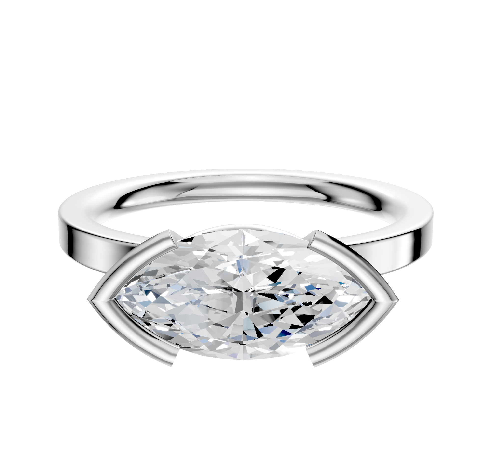 A Platinum Bezel Half Bezel East/West Classic Flat 2.0mm Engagement Ring featuring a horizontal marquise diamond, showcased against a plain light background.