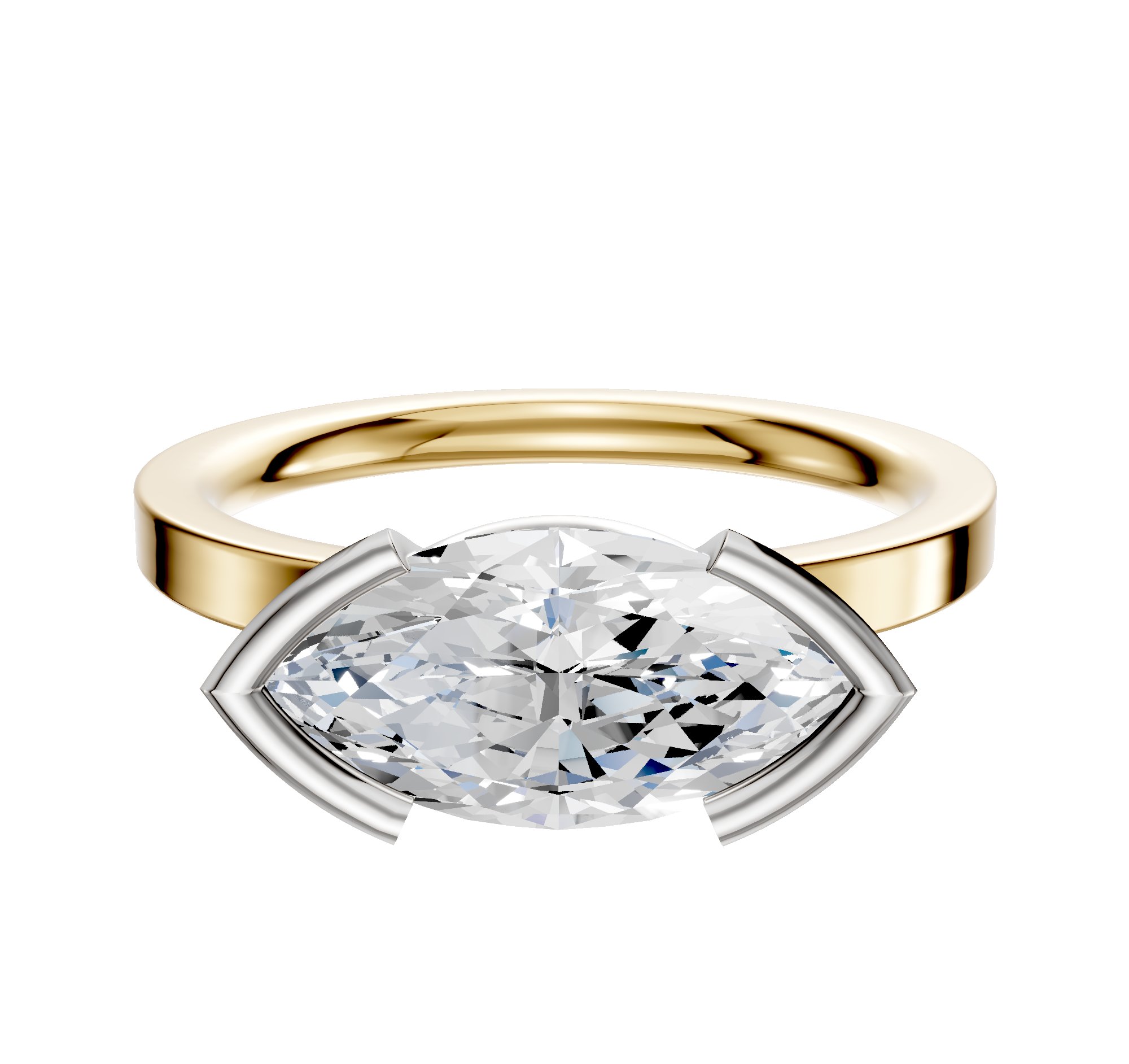 An 18K two-tone bezel half bezel East/West classic flat 2.0mm engagement ring is set with a large, horizontally placed marquise-cut diamond in a modern, open setting against a plain white background.