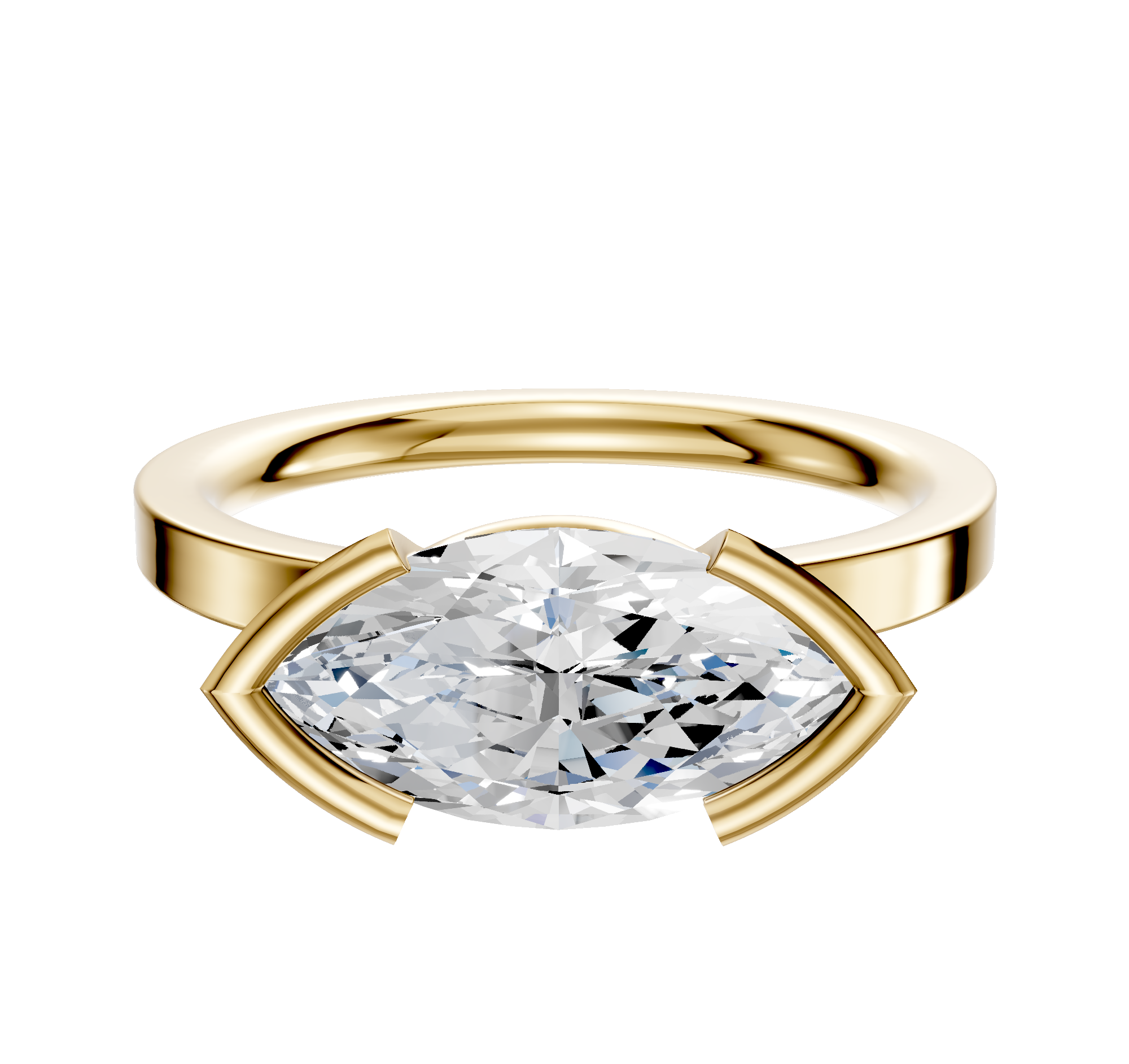 The 14K Yellow Gold Bezel Half Bezel East/West Classic Flat 2.0mm Engagement Ring features a large marquise-cut diamond in a modern setting with gold prongs securing the gemstone, shown on a plain white background.