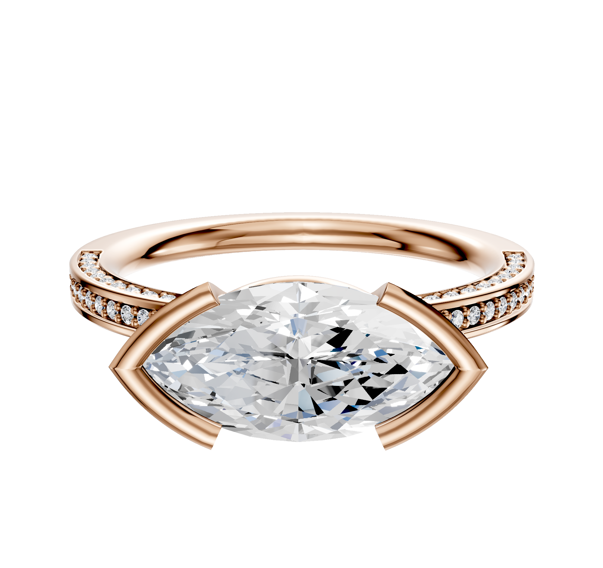 The 14K Rose Gold Bezel Half Bezel East/West Classic Flat 3-Row-Pave 2.0mm Engagement Ring features a marquise center diamond with round pave diamonds along the band, shown on a plain white background.