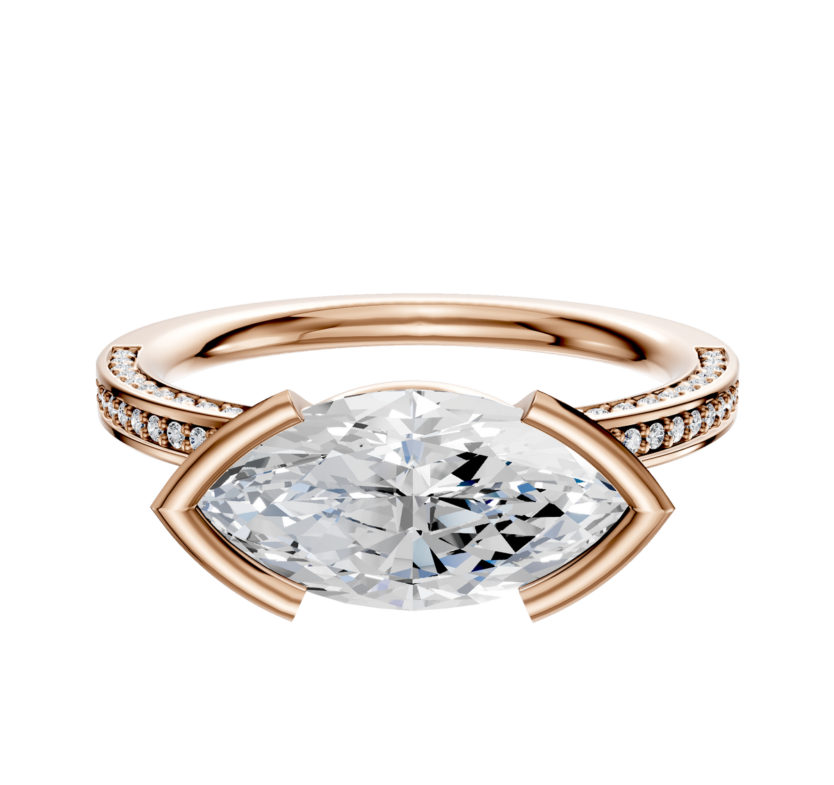This 18K rose gold engagement ring features an east/west bezel-set center stone and a classic flat band with three rows of 2.0mm pave diamonds, combining modern elegance with sparkling accent stones.