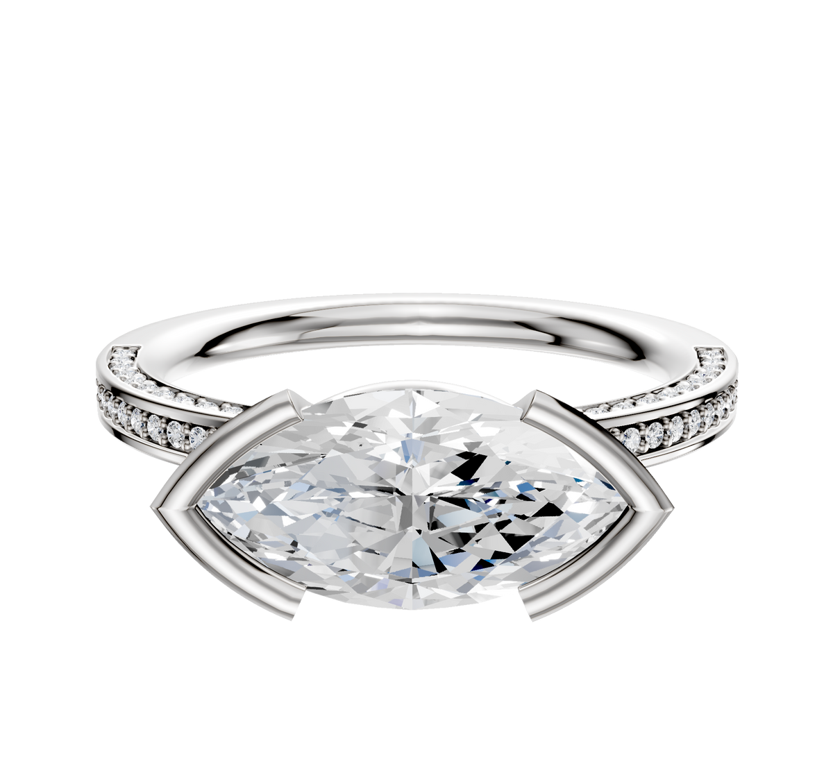 The Platinum Bezel Half Bezel East/West Classic Flat 3-Row-Pave 2.0mm Engagement Ring features a modern east/west bezel-set center, accented by three rows of pavé diamonds along the upper band for extra sparkle.