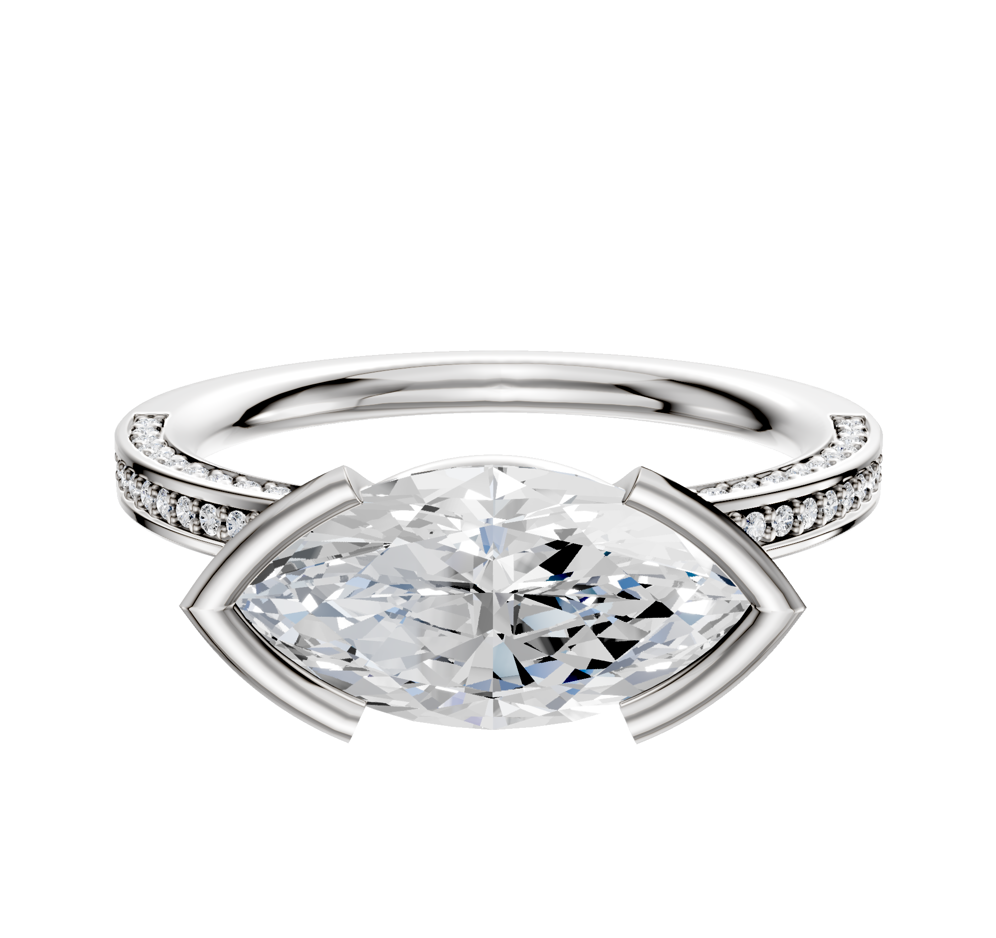 The Platinum Bezel Half Bezel East/West Classic Flat 3-Row-Pave 2.0mm Engagement Ring features a modern east/west bezel-set center, accented by three rows of pavé diamonds along the upper band for extra sparkle.