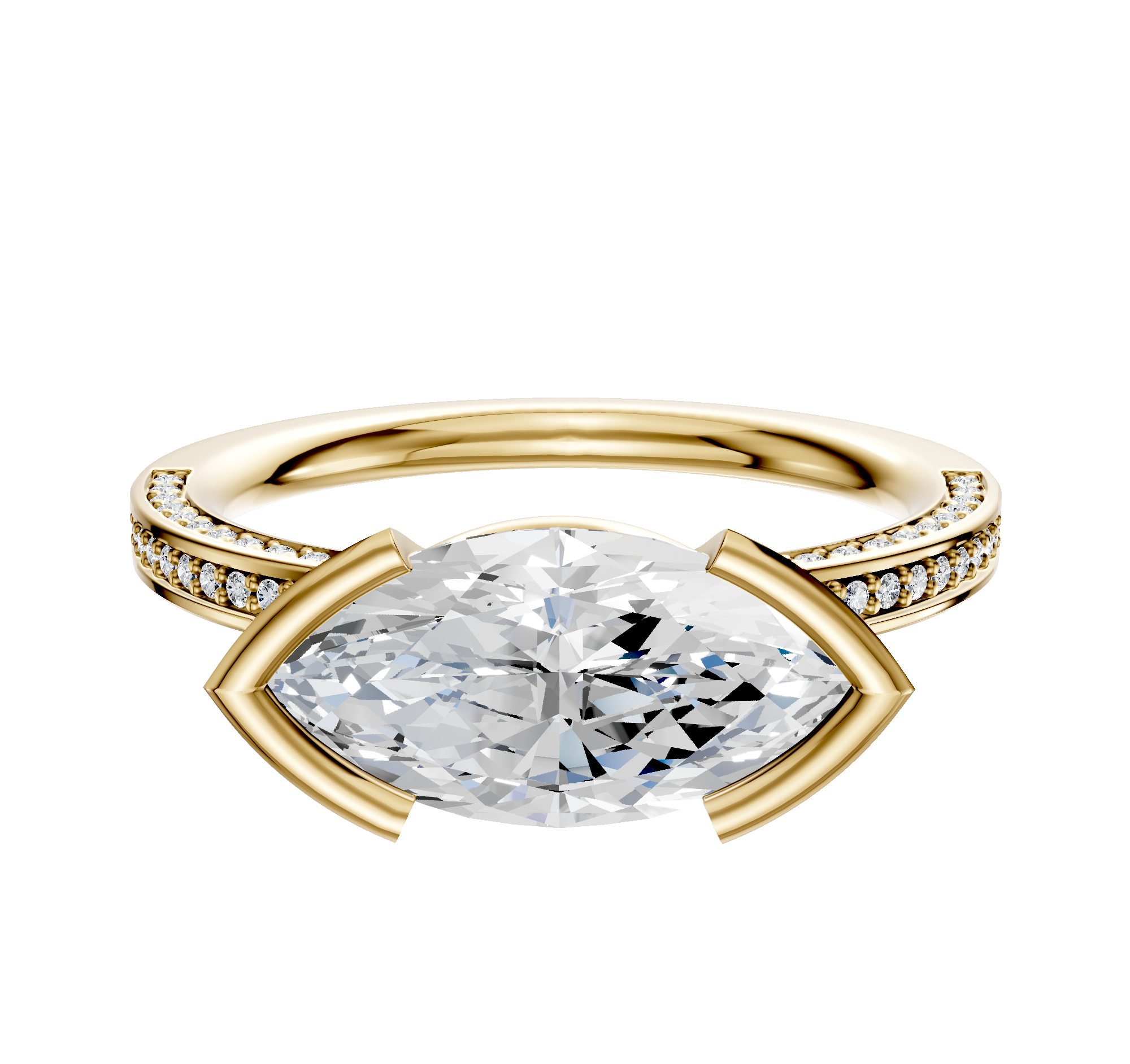 A 14K yellow gold bezel half bezel East/West classic flat engagement ring with 3-row pave, featuring a 2.0mm center stone, displayed on a plain white background.