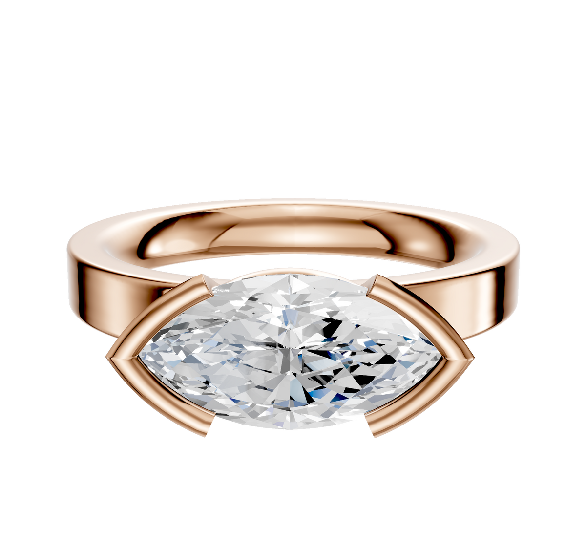 The 14K Rose Gold Bezel Half Bezel East/West Classic Flat 3.0mm Engagement Ring features a large, horizontally set marquise-cut diamond in a modern open bezel setting, shown on a plain white background.