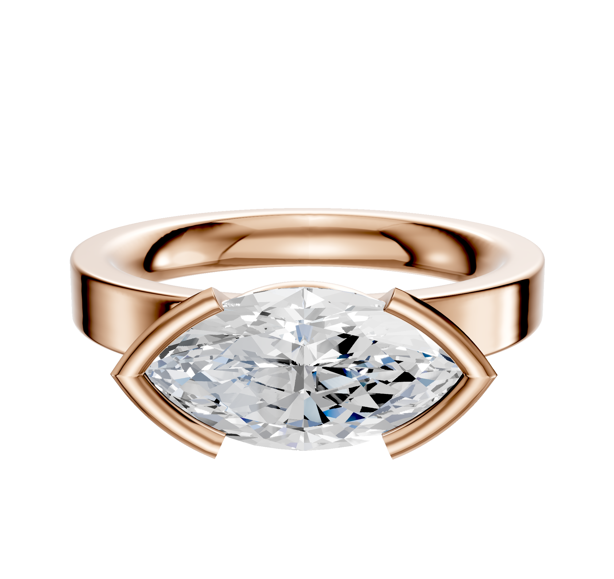 The 14K Rose Gold Bezel Half Bezel East/West Classic Flat 3.0mm Engagement Ring features a large, horizontally set marquise-cut diamond in a modern open bezel setting, shown on a plain white background.