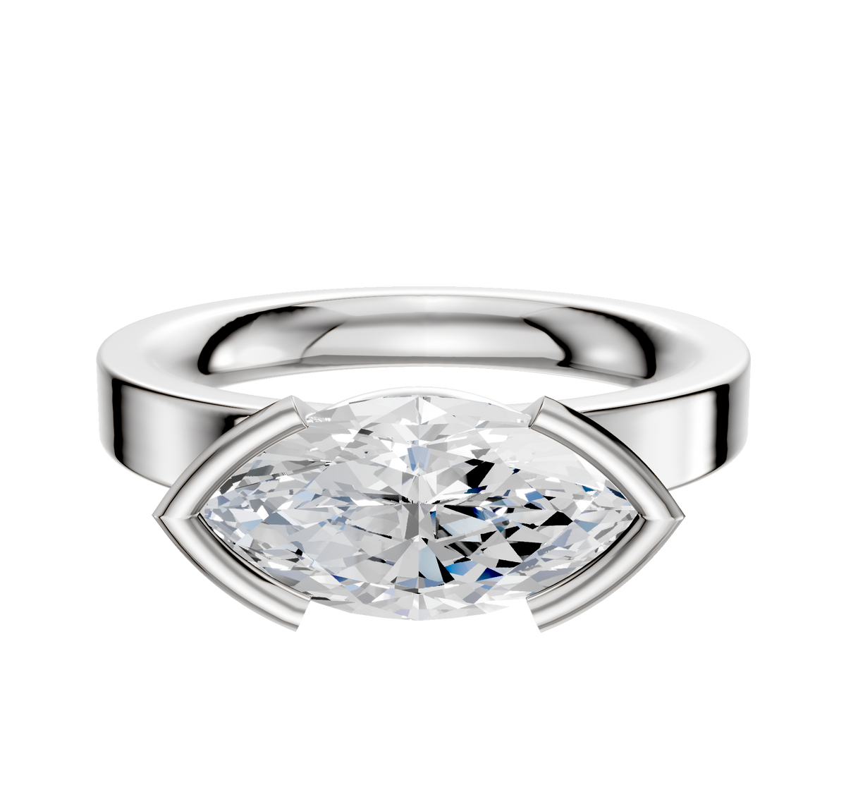 A 14K white gold engagement ring featuring a 3.0mm gemstone in an east/west half bezel modern setting, styled with a classic flat minimalist design against a plain white background.