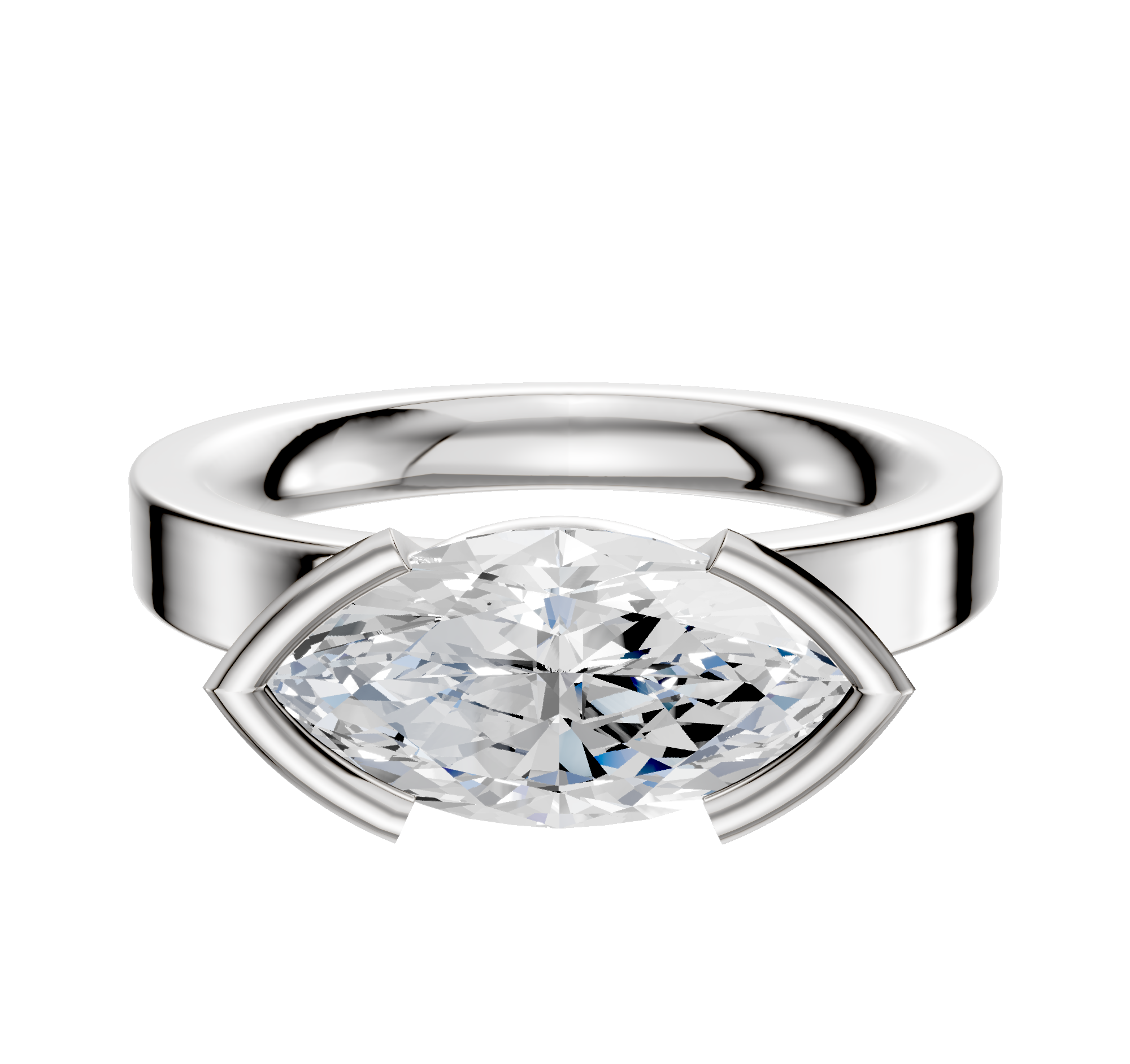 A 14K white gold engagement ring featuring a 3.0mm gemstone in an east/west half bezel modern setting, styled with a classic flat minimalist design against a plain white background.
