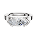 An 18K white gold bezel half bezel East/West classic flat 3.0mm engagement ring featuring a horizontally set marquise-cut clear gemstone in a minimalist setting, displayed against a plain white background.
