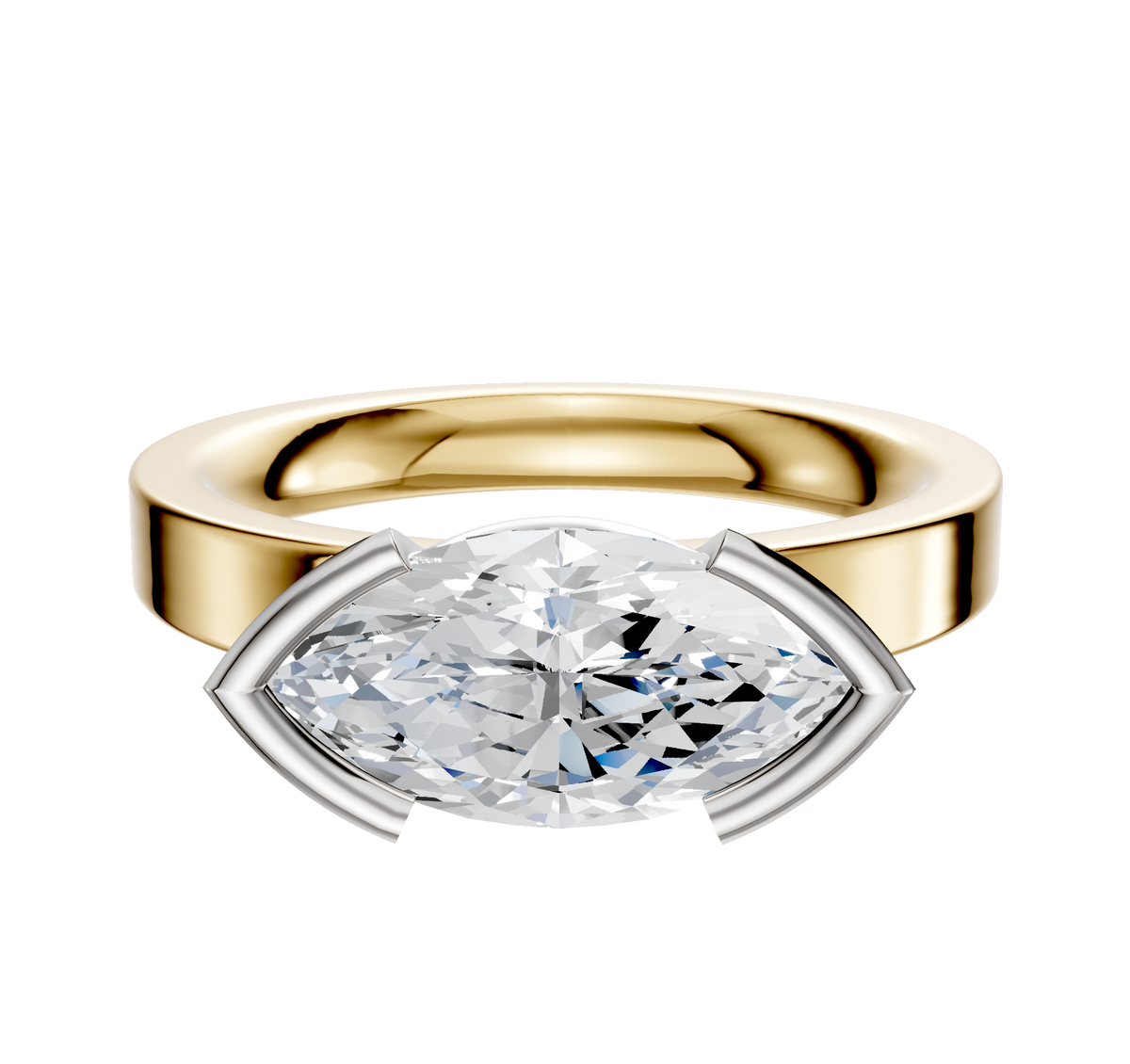 A 14K Two Tone Bezel Half Bezel East/West Classic Flat 3.0mm Engagement Ring displayed on a plain white background, featuring a modern design with gold and white metal accents.