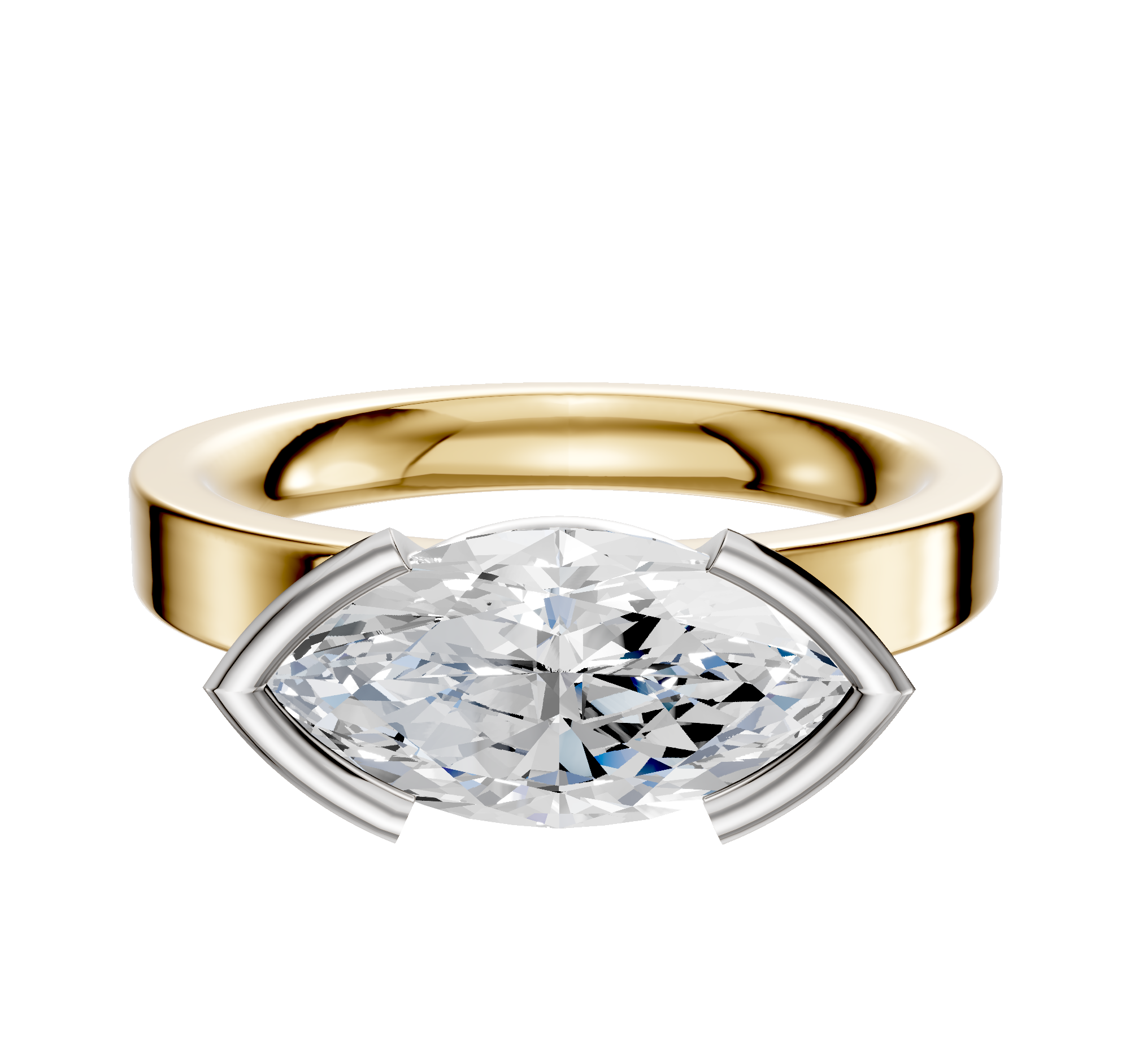 An 18K two-tone bezel half-bezel East/West Classic Flat 3.0mm engagement ring is displayed with a modern design, featuring both gold and silver tones against a plain white background.
