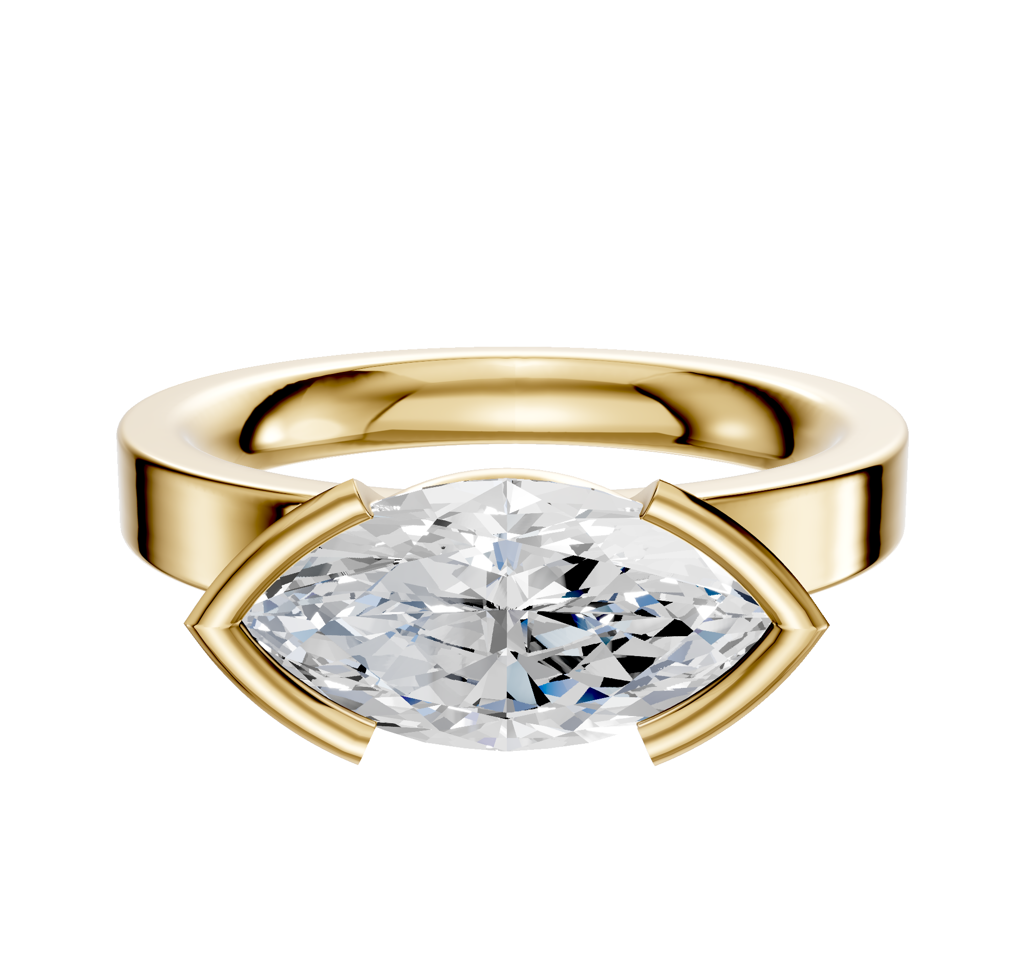 A 14K yellow gold Bezel Half Bezel East/West Classic Flat 3.0mm Engagement Ring is shown, featuring a horizontally set marquise-cut diamond against a plain white background.