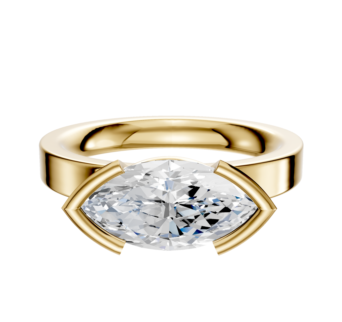 An 18K Yellow Gold Bezel Half Bezel East/West Classic Flat 3.0mm Engagement Ring is showcased on a plain white background, featuring a striking marquise-cut diamond secured in an elegant setting.