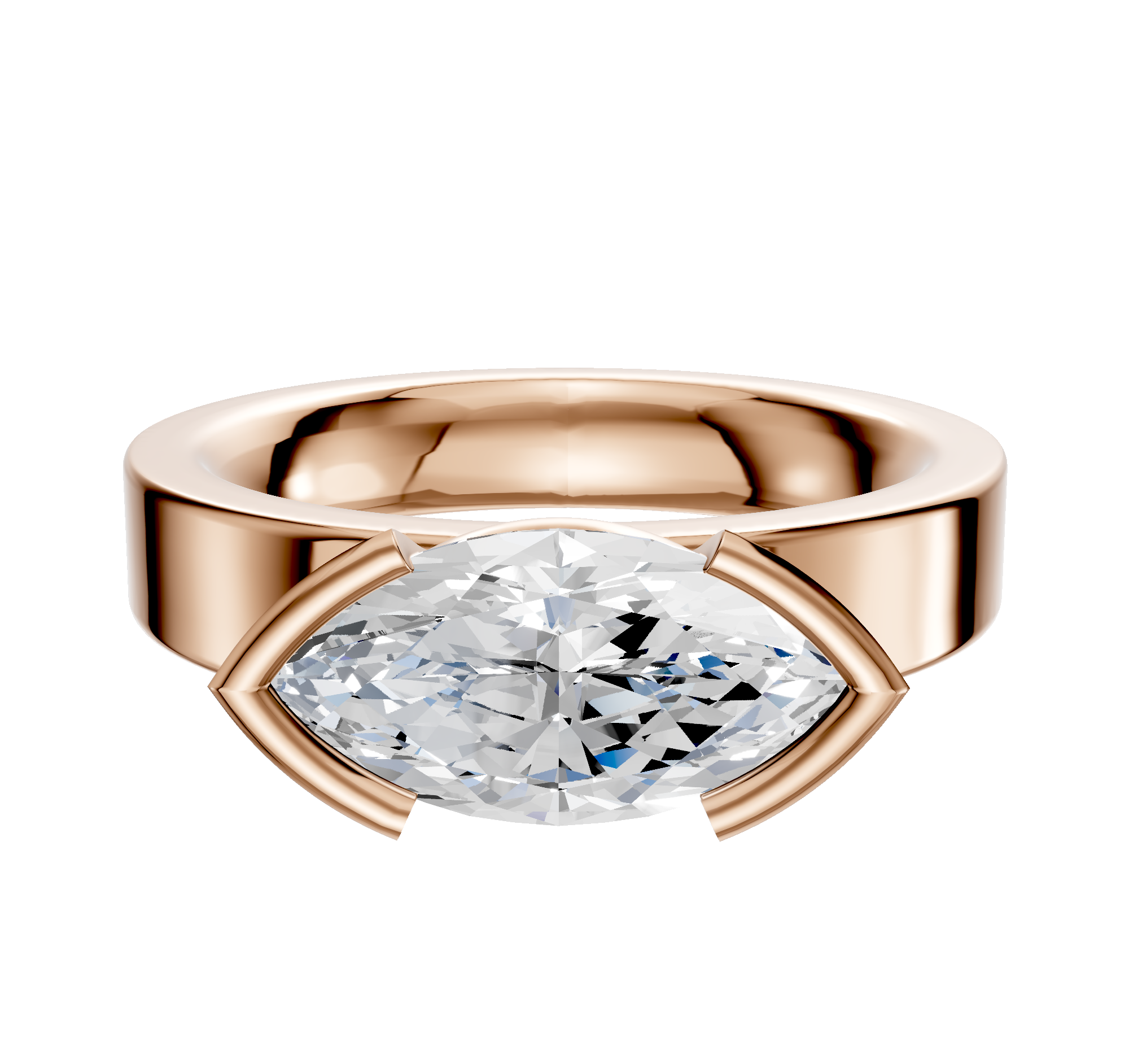 The 18K Rose Gold Bezel Half Bezel East/West Classic Flat 4.0mm Engagement Ring features a large, horizontally-set marquise diamond in a modern bezel setting, displayed against a white background.