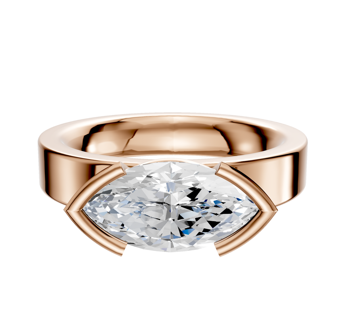 The 18K Rose Gold Bezel Half Bezel East/West Classic Flat 4.0mm Engagement Ring showcases a large, horizontally-set marquise-cut clear gemstone in a sleek, modern bezel setting against a white background.