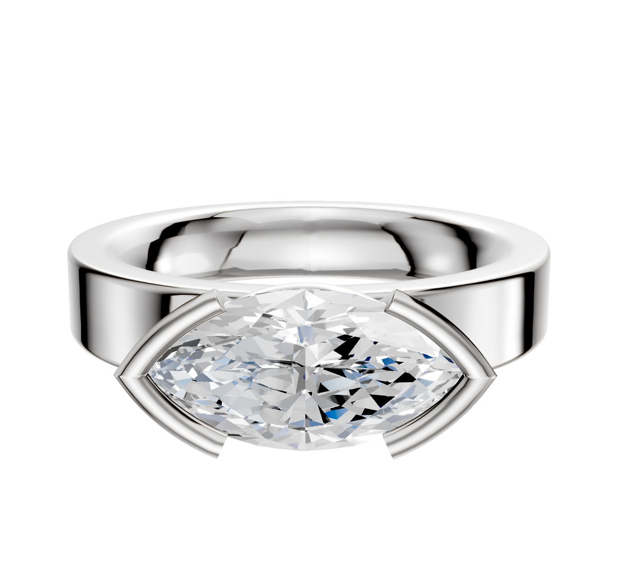 A 14K white gold engagement ring with a classic flat 4.0mm band, showcasing a large gemstone in an east/west bezel and half bezel minimalist setting.
