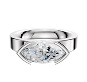 A 14K white gold engagement ring with a classic flat 4.0mm band, showcasing a large gemstone in an east/west bezel and half bezel minimalist setting.
