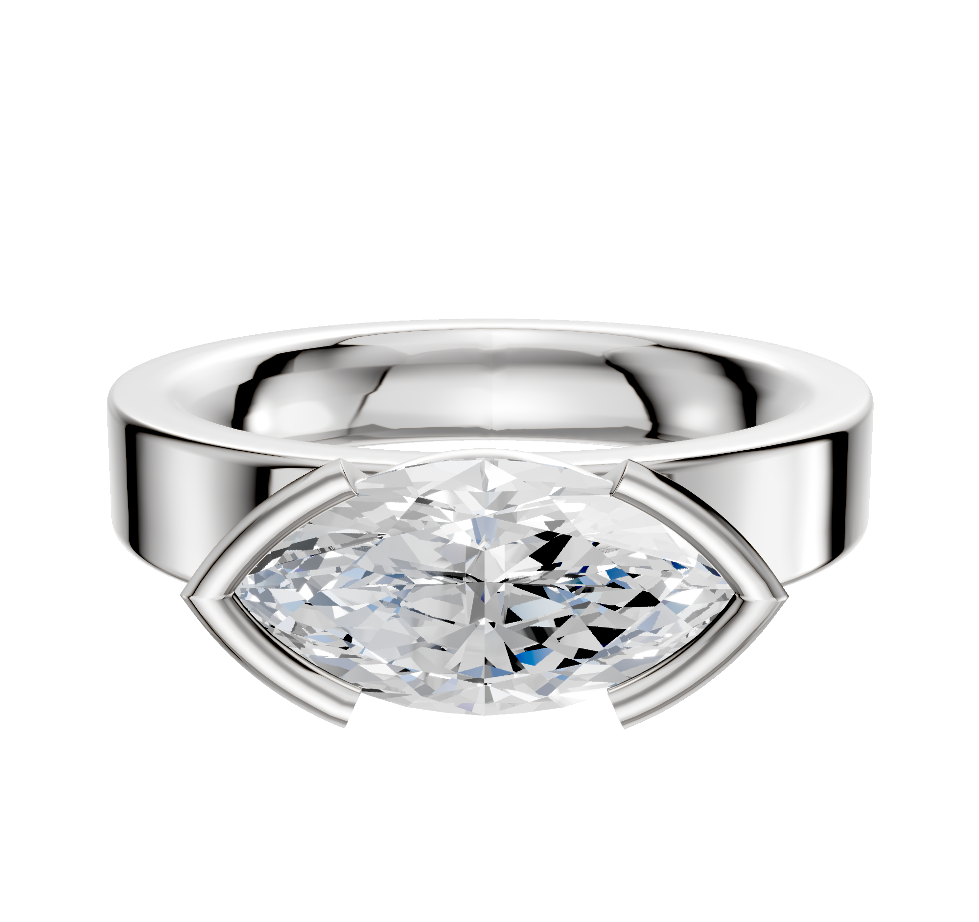 A sleek platinum half bezel East/West classic flat 4.0mm engagement ring featuring a horizontally set marquise diamond in a modern minimalist setting, shown on a plain white background.