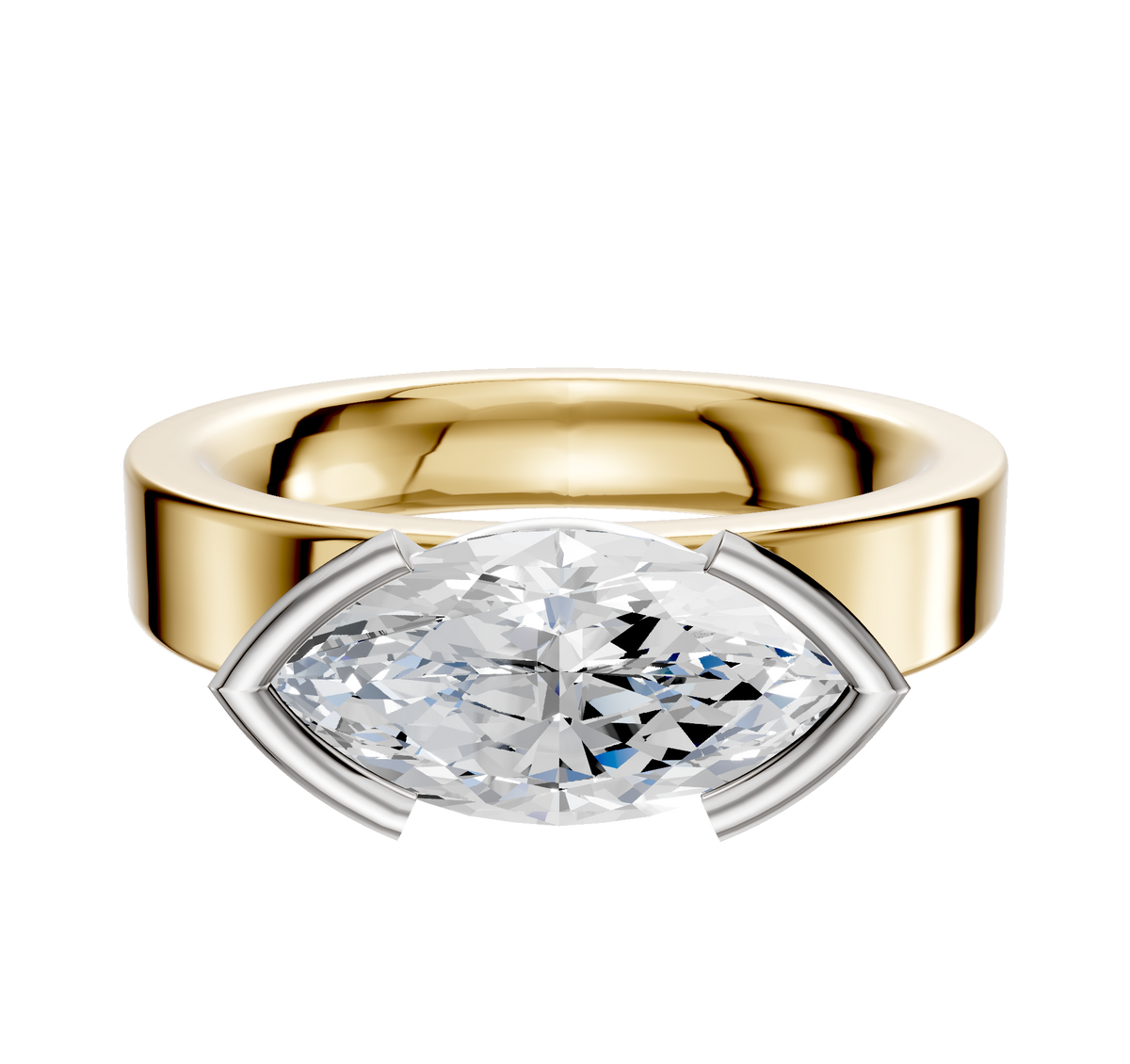 A 14K two-tone engagement ring with a wide flat band, featuring a classic east/west set marquise diamond in a half bezel setting.