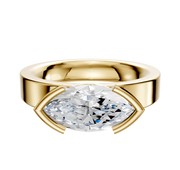 A 14K yellow gold engagement ring with a flat, wide band, featuring a 4.0mm gemstone set horizontally (East/West) in a half bezel setting.
