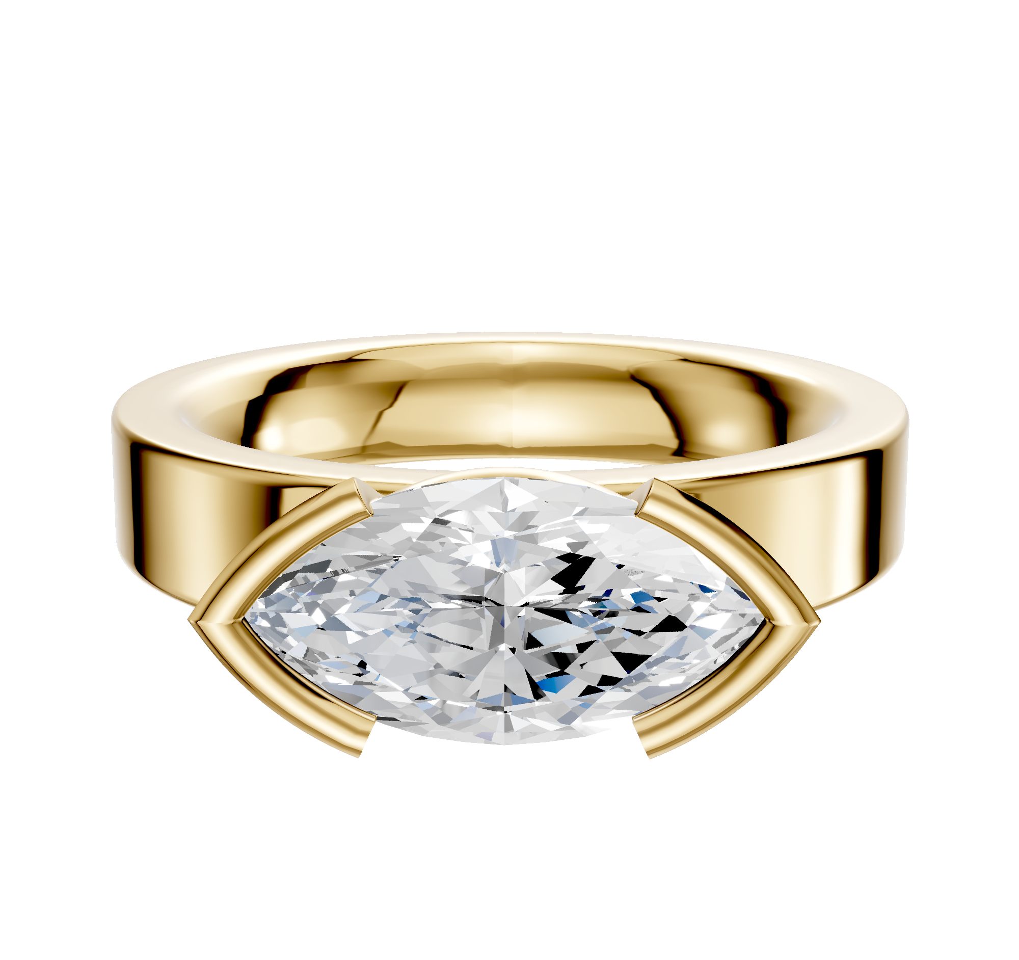 An 18K yellow gold ring with a flat 4.0mm wide band, showcasing a classic east/west set marquise diamond in a half bezel setting.