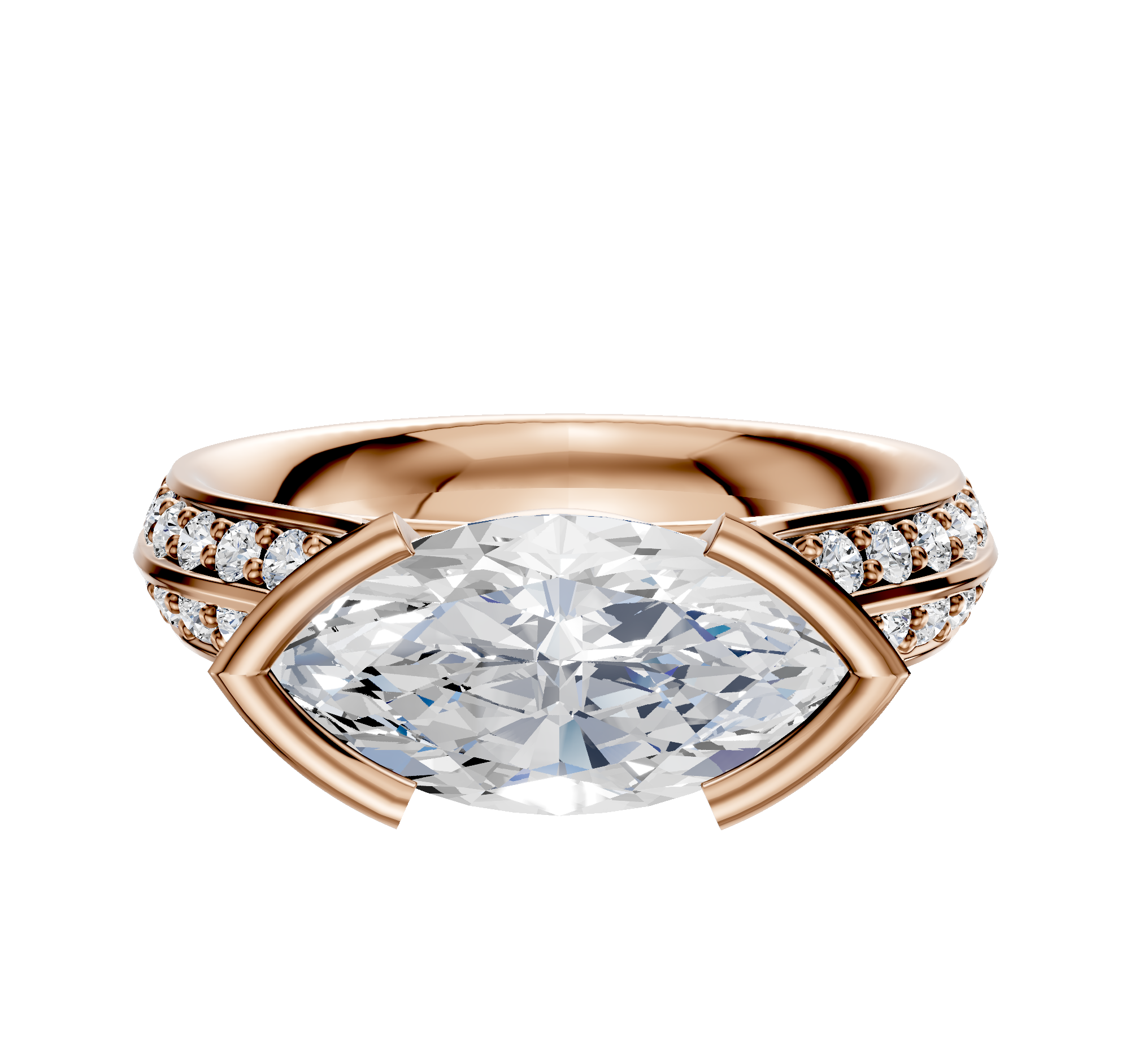 The 14K Rose Gold Bezel Half Bezel East/West Cathedral Knife Edge 1-Row-Pave 2.5mm Engagement Ring features a striking marquise-cut center diamond with a row of round pave diamonds on each side, displayed against a light background.