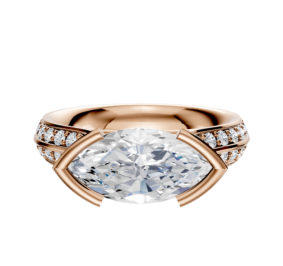 An 18K rose gold cathedral engagement ring with a knife-edge band, featuring a unique east/west bezel setting and a single row of pave-set diamonds along the 2.5mm band.