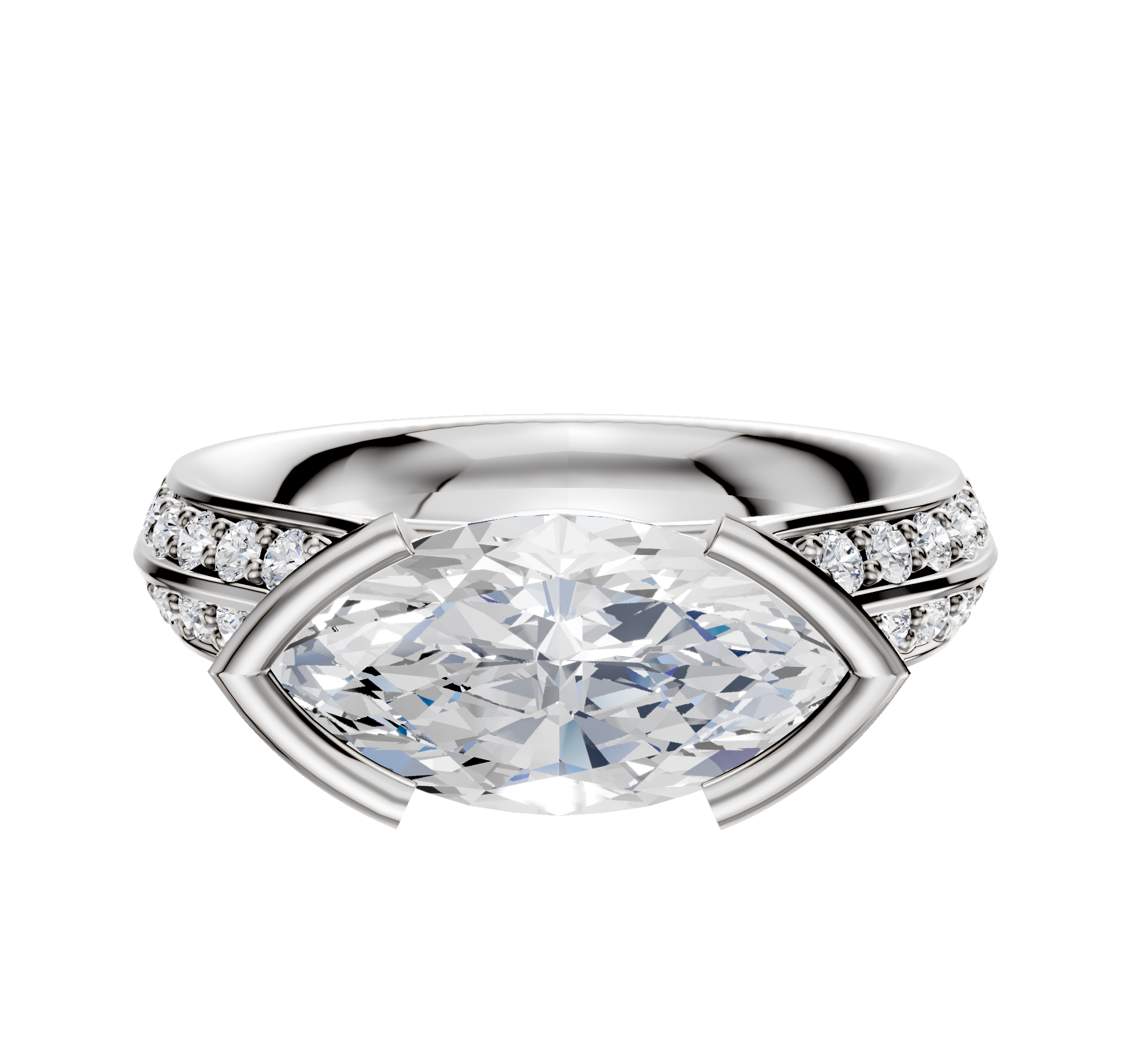 A 14K white gold bezel half bezel east/west cathedral knife edge engagement ring with a 2.5mm marquise-cut center and 1-row pave diamonds along the band, shown on a plain white background.