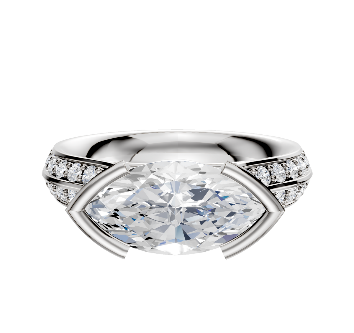 The Platinum Bezel Half Bezel East/West Cathedral Knife Edge 1-Row-Pave 2.5mm Engagement Ring features a marquise-cut center diamond with a row of pave-set round diamonds on each side, beautifully displayed on a white background.