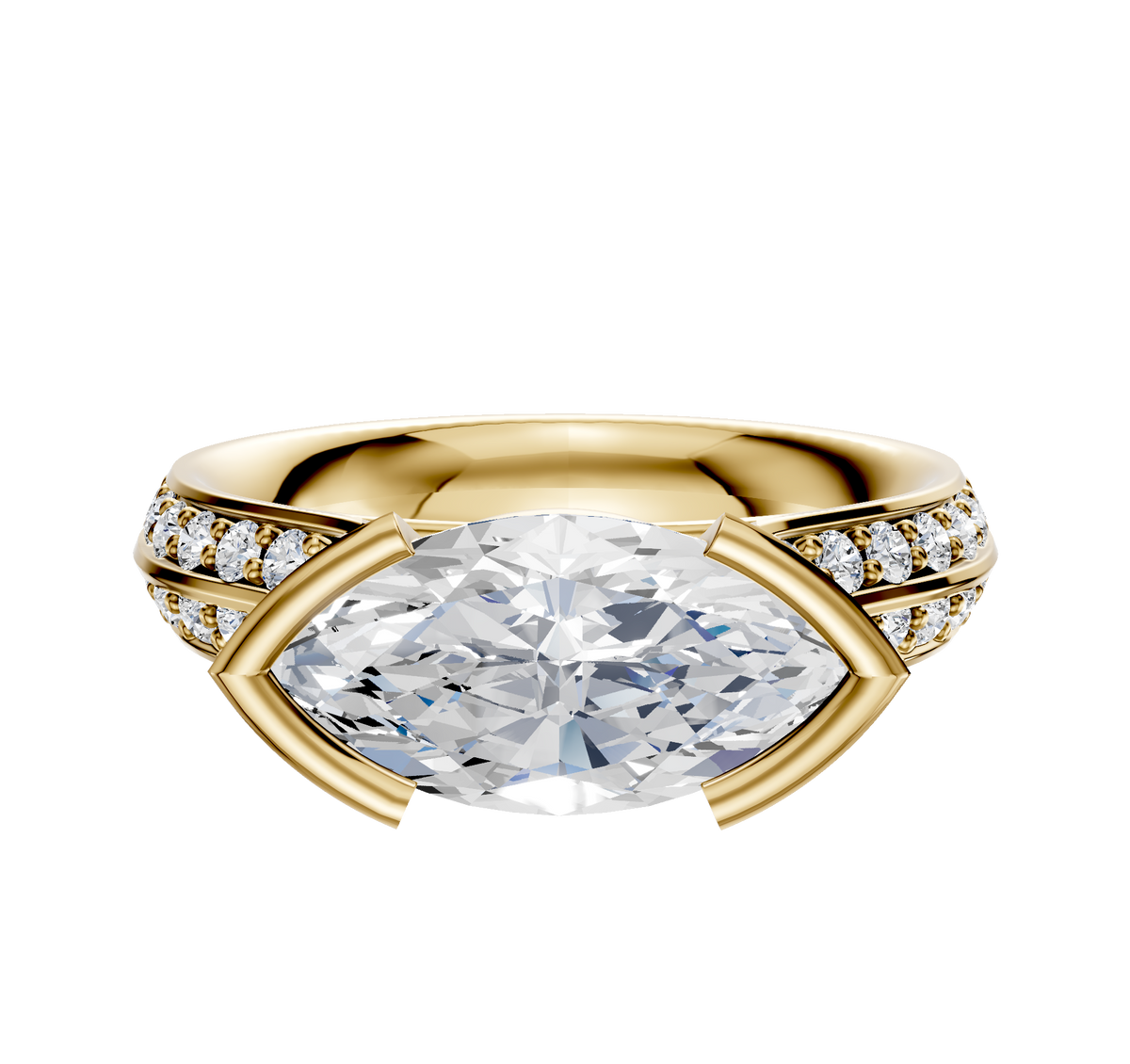 A 14K yellow gold engagement ring with an east/west marquise bezel setting, cathedral knife edge band, and a single row of pave-set diamonds accenting the shank.