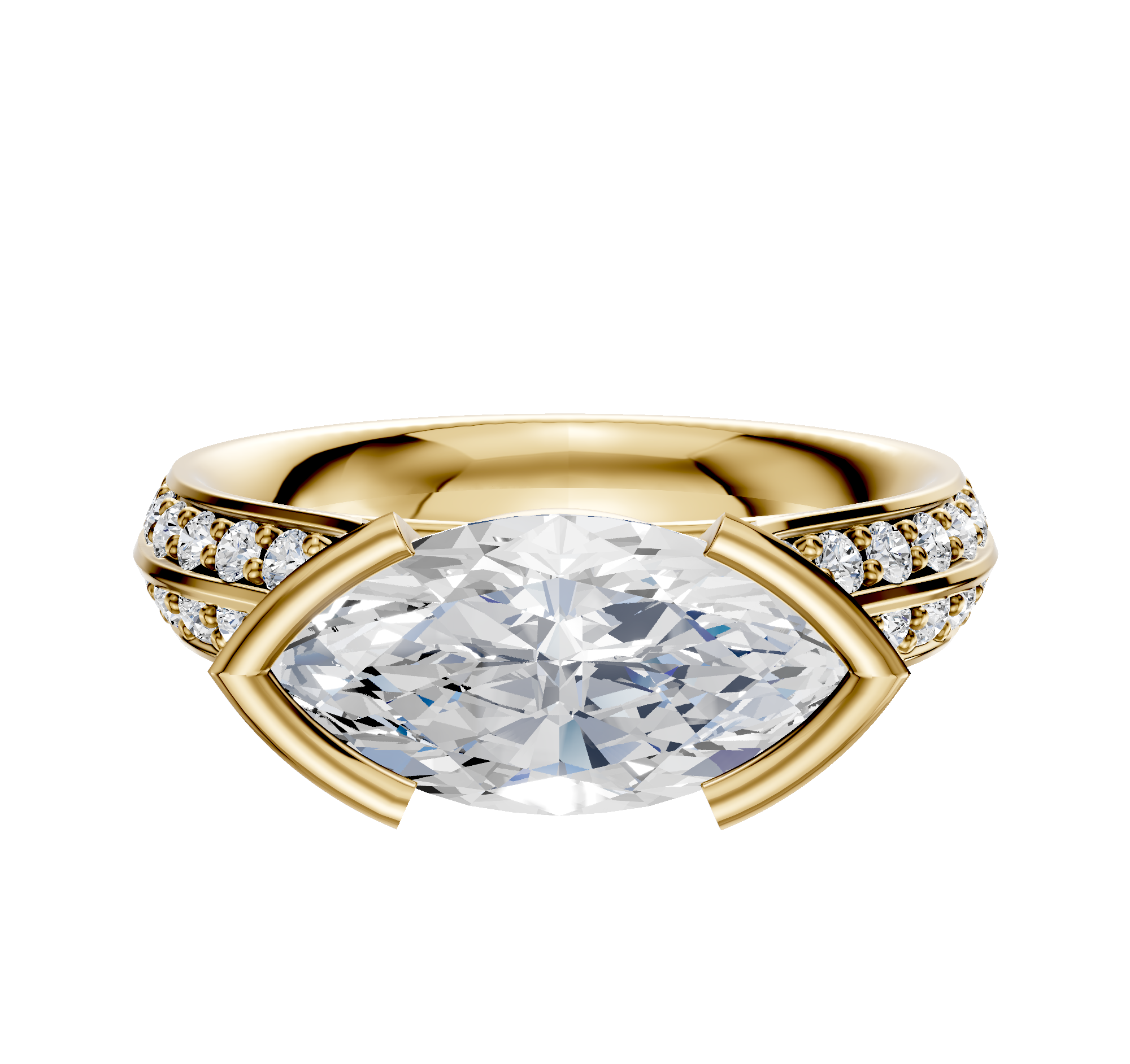 A 14K yellow gold engagement ring with an east/west marquise bezel setting, cathedral knife edge band, and a single row of pave-set diamonds accenting the shank.
