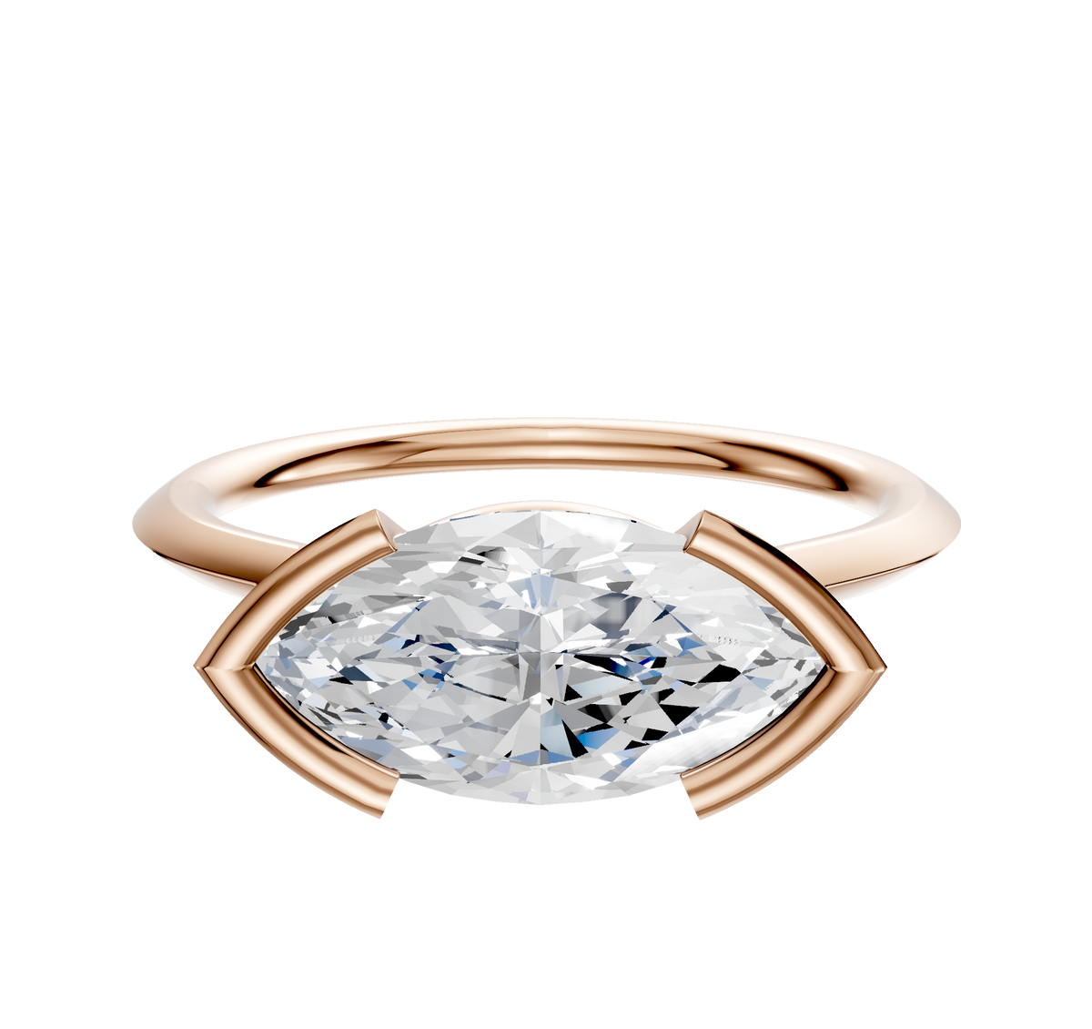 The 14K Rose Gold Bezel Half Bezel East/West Cathedral Knife Edge 1.5mm Engagement Ring features a sleek band and modern design, showcased against a white background.