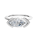 A 14K white gold bezel half bezel East/West cathedral knife edge 1.5mm engagement ring with a modern geometric design, showcased on a plain white background.
