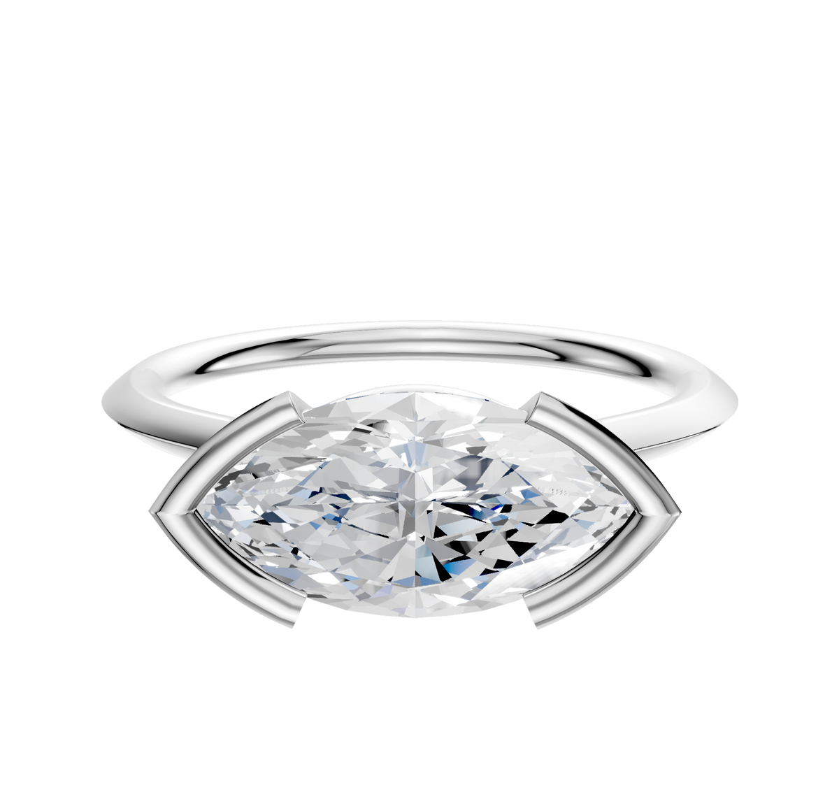 A 14K white gold bezel half bezel East/West cathedral knife edge 1.5mm engagement ring with a modern geometric design, showcased on a plain white background.