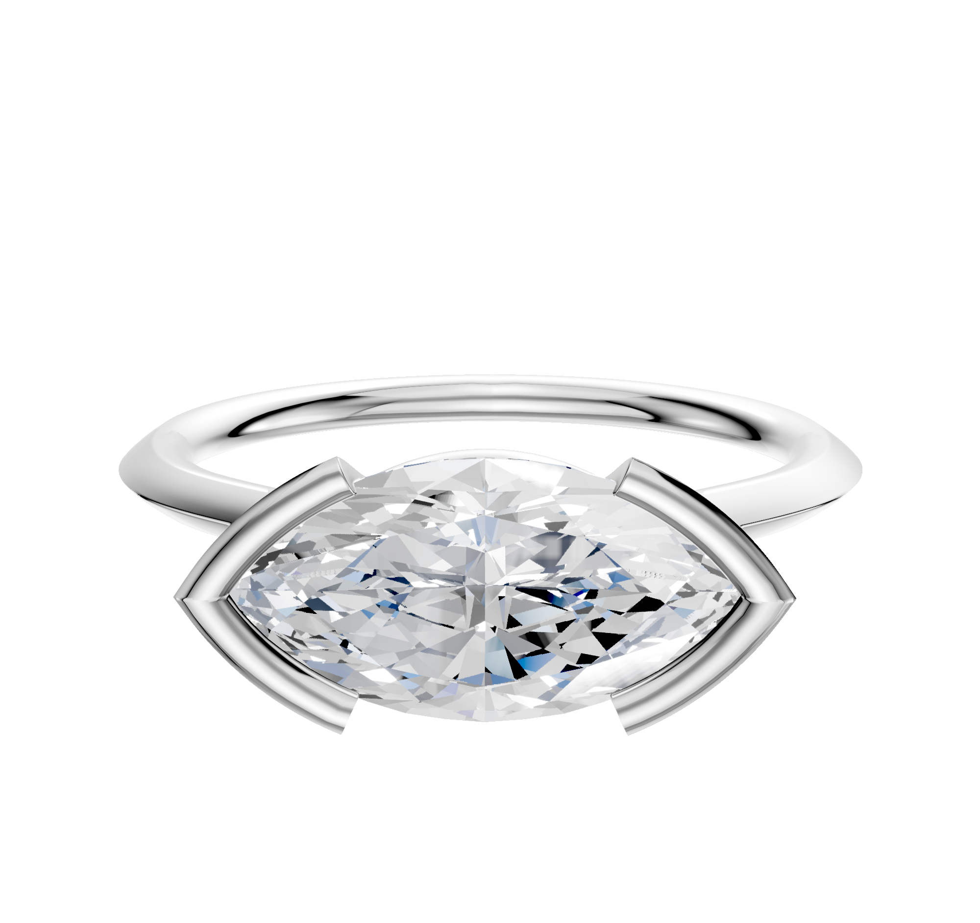 A 14K white gold bezel half bezel East/West cathedral knife edge 1.5mm engagement ring with a modern geometric design, showcased on a plain white background.