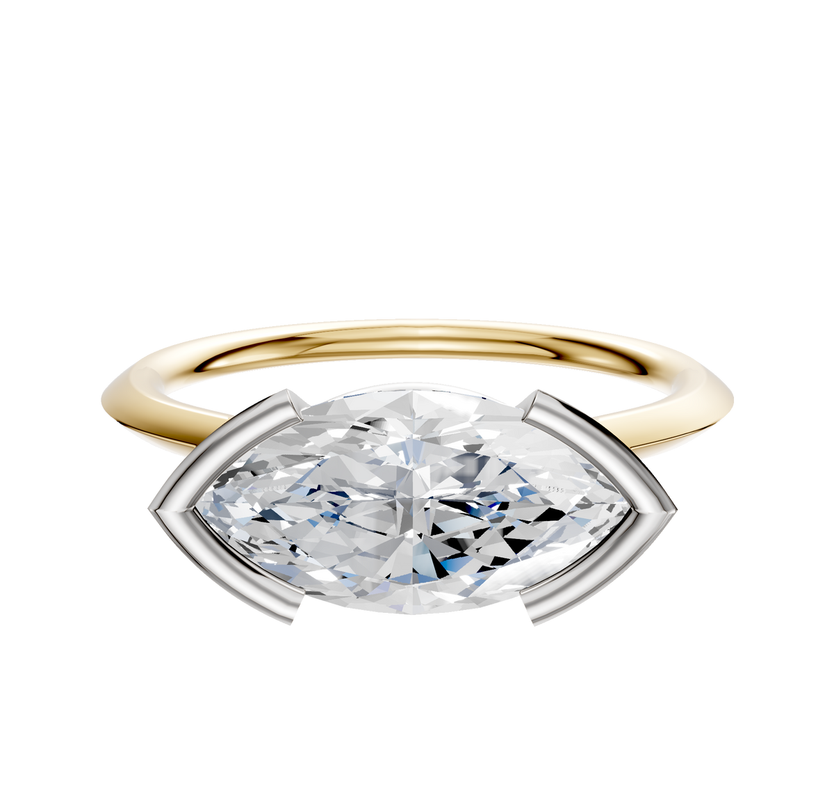 An 18K two-tone bezel half bezel east/west cathedral knife edge 1.5mm engagement ring displayed against a plain white background.