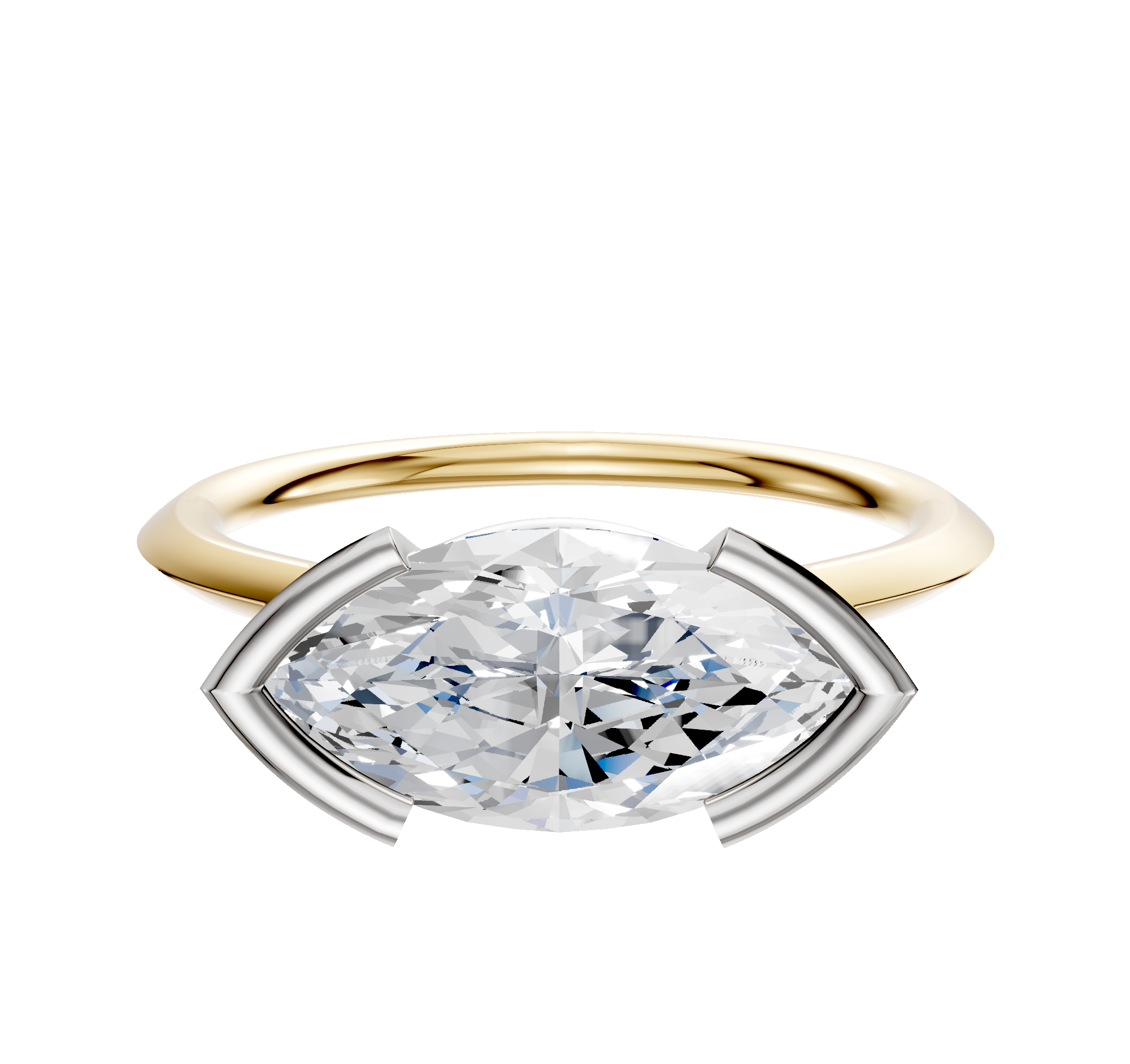 An 18K two-tone bezel half bezel east/west cathedral knife edge 1.5mm engagement ring displayed against a plain white background.