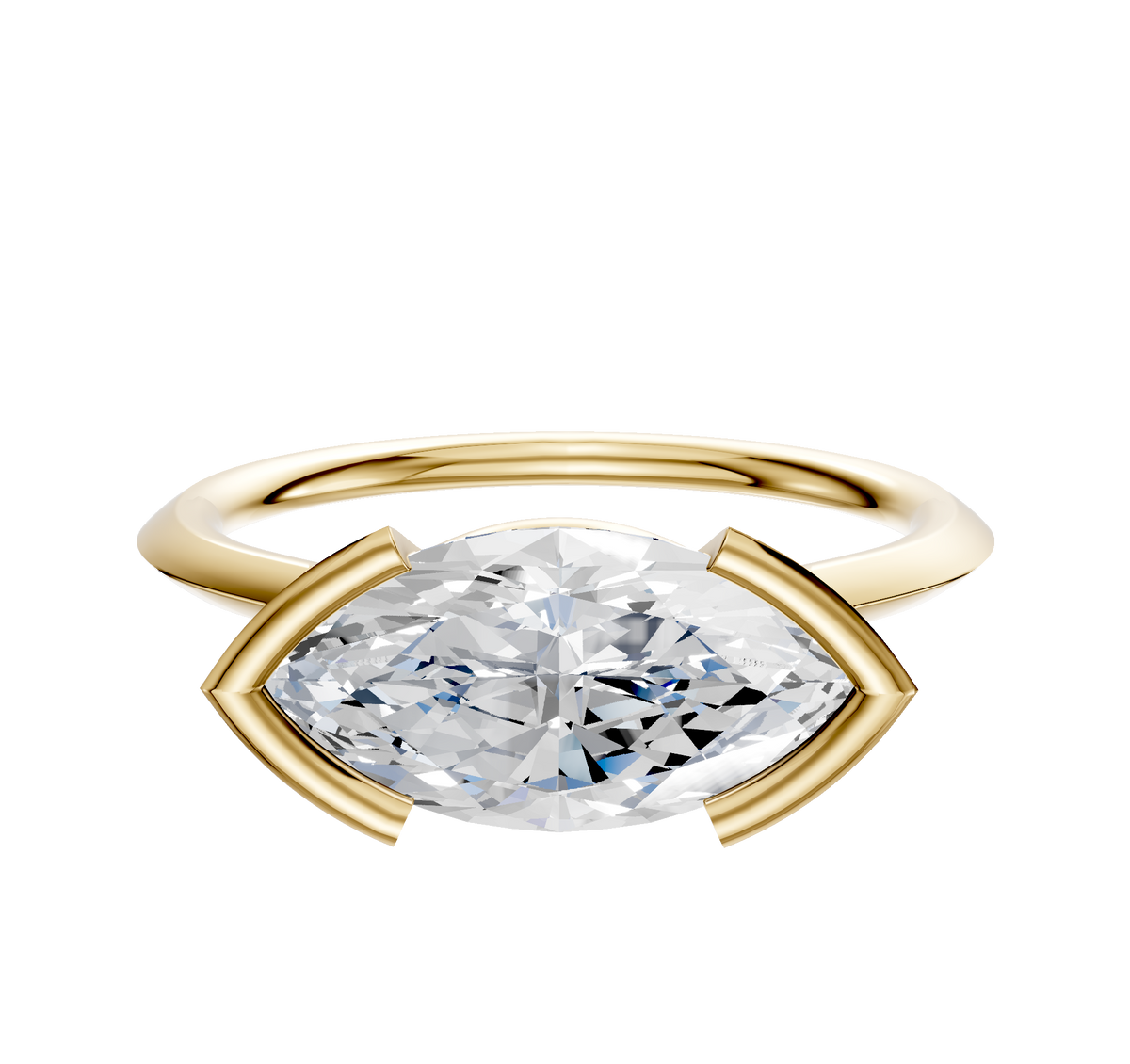 A 14K yellow gold engagement ring with a 1.5mm knife edge band and an east/west marquise-cut diamond in a half bezel cathedral setting, displayed on a plain white background.