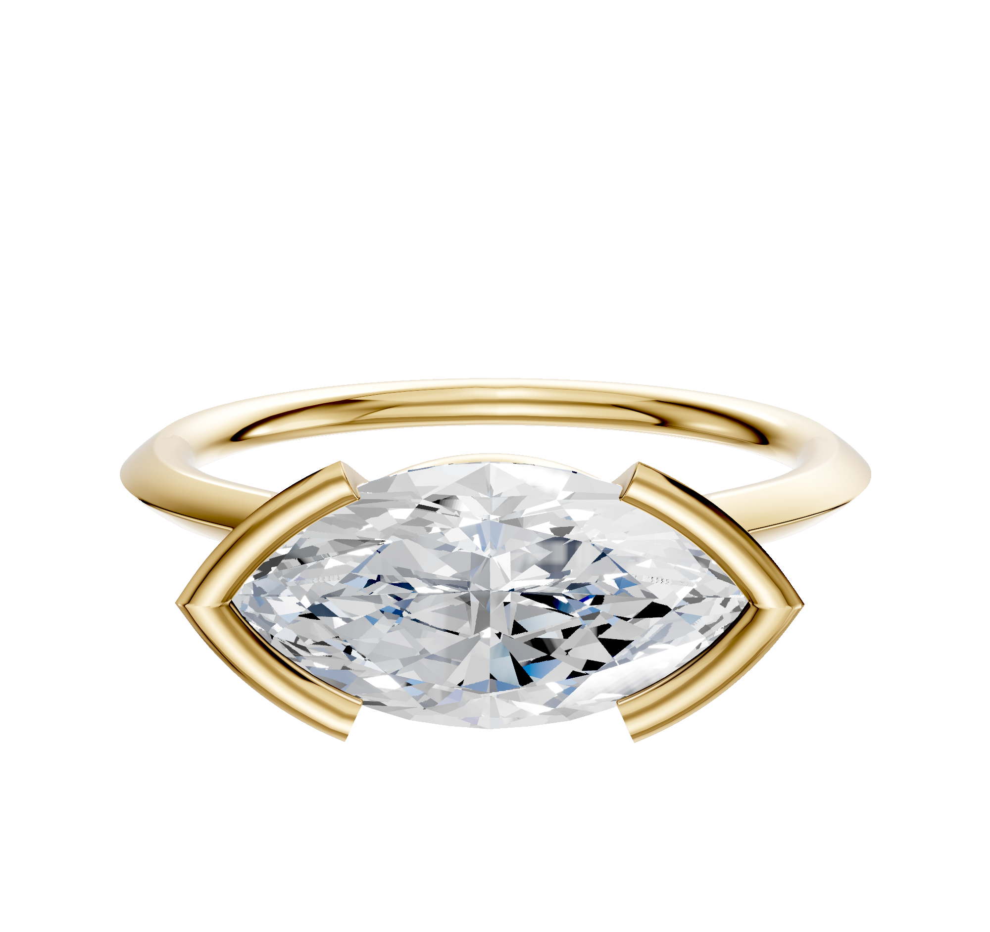 A 14K yellow gold engagement ring with a 1.5mm knife edge band and an east/west marquise-cut diamond in a half bezel cathedral setting, displayed on a plain white background.