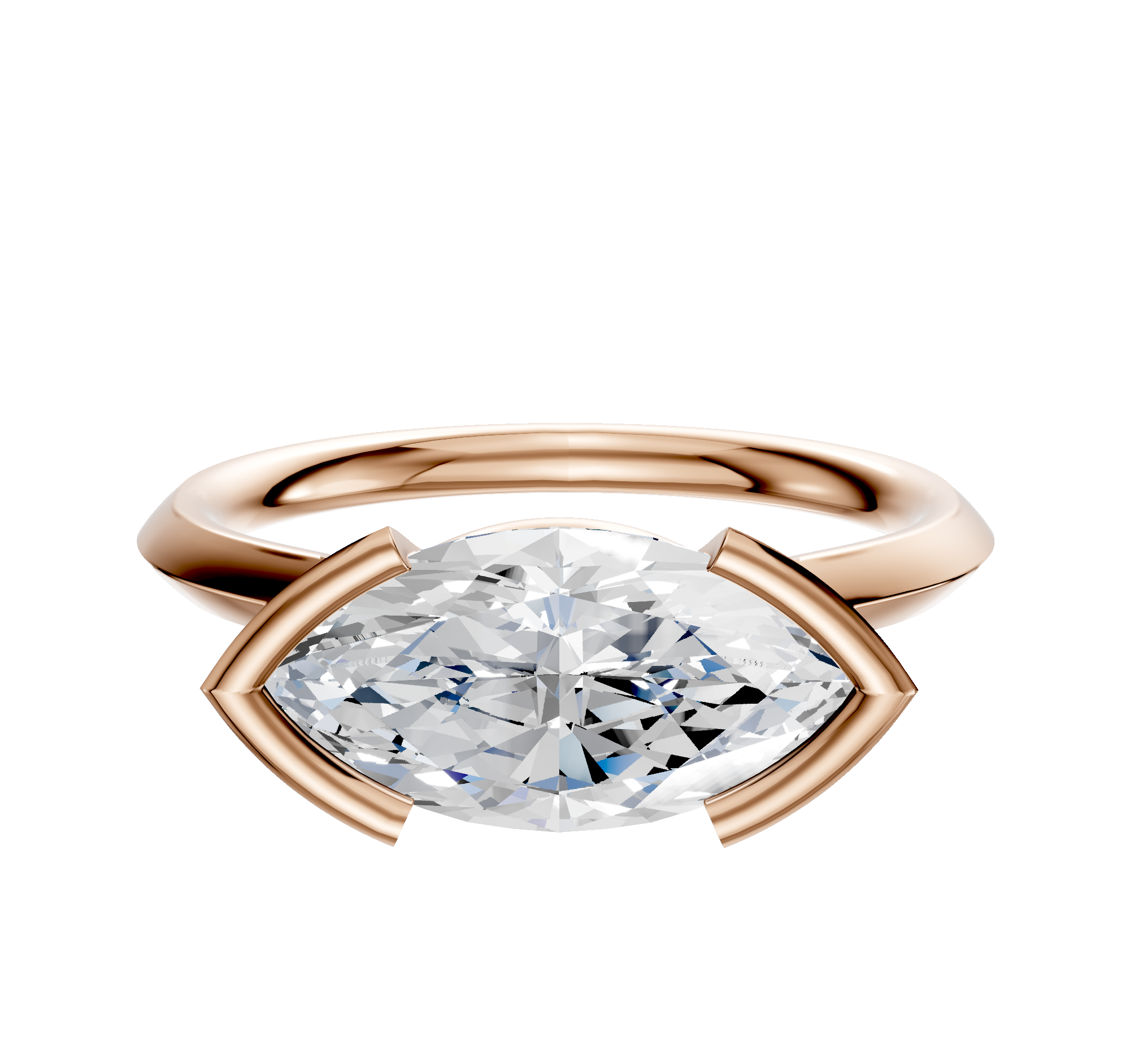 The 18K Rose Gold Bezel Half Bezel East/West Cathedral Knife Edge 2.0mm Engagement Ring features a modern, horizontally-set marquise diamond in a sleek setting, shown against a plain white background.