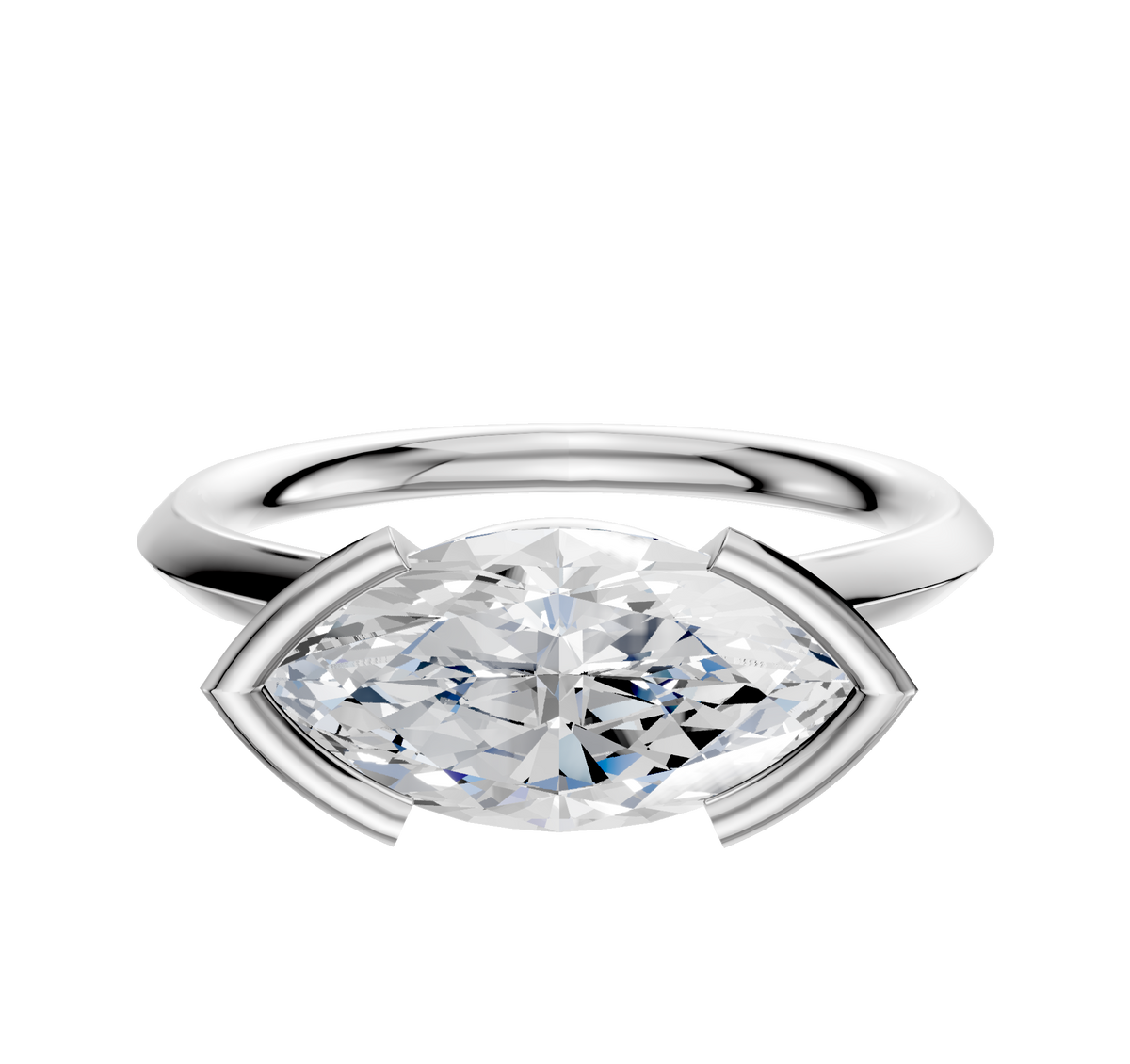 The 14K White Gold Bezel Half Bezel East/West Cathedral Knife Edge 2.0mm Engagement Ring showcases a marquise-cut clear diamond in a unique east-west bezel setting with angular prongs, displayed on a plain white background.