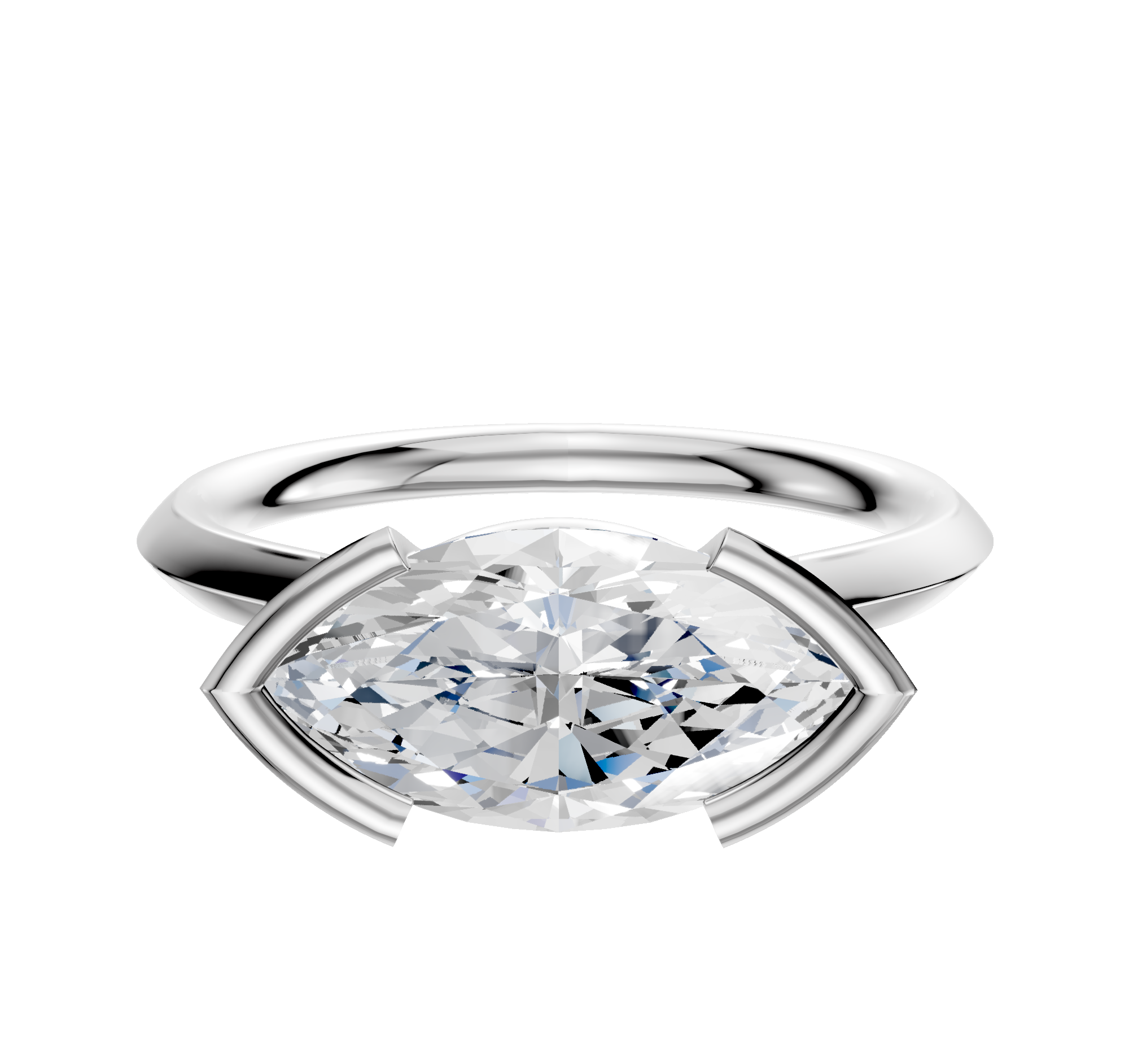 A Platinum Bezel Half Bezel East/West Cathedral Knife Edge 2.0mm Engagement Ring is displayed against a plain white background, featuring a unique east-west set oval diamond in a sleek platinum setting.