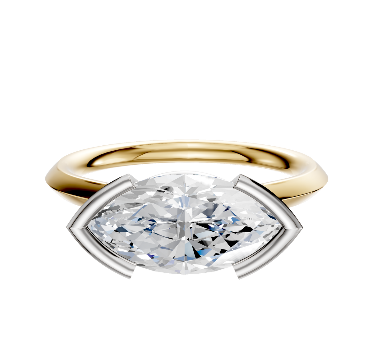 A 14K two-tone half bezel east/west cathedral knife edge 2.0mm engagement ring is displayed against a plain white background, showcasing its modern oval setting and unique design.