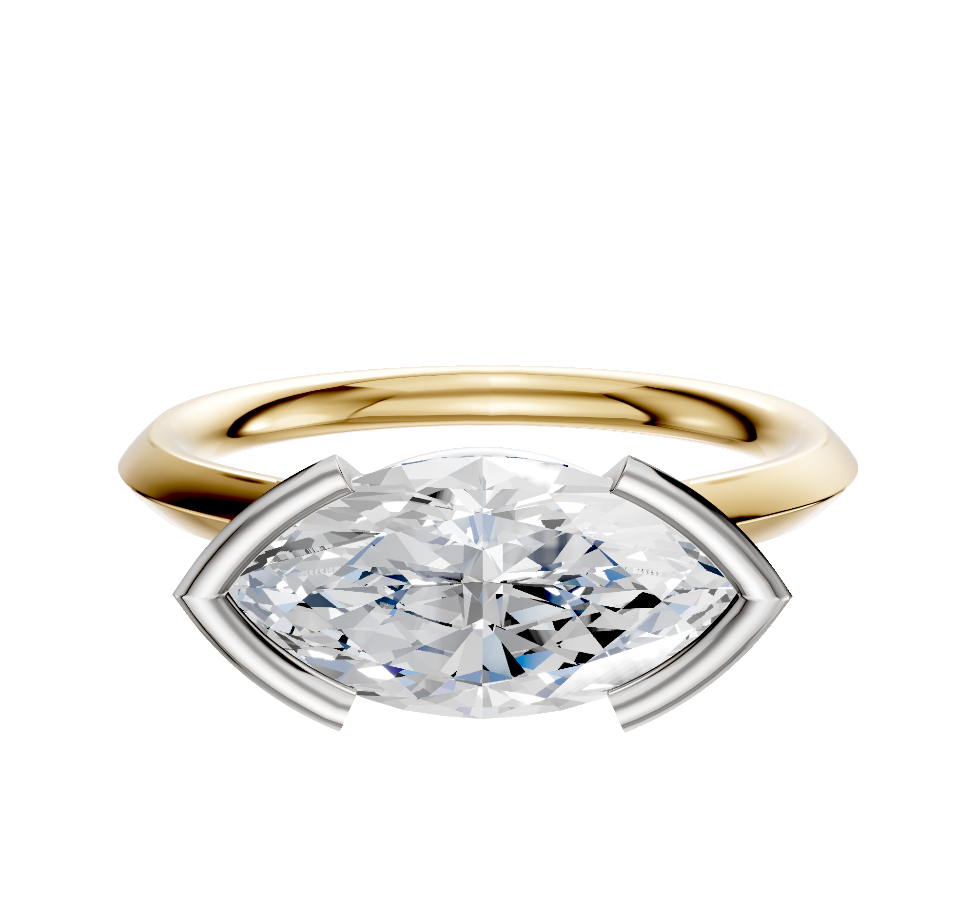 A 14K two-tone East/West cathedral knife-edge engagement ring with a 2.0mm band and bezel half-bezel setting, showcased on a plain white background.
