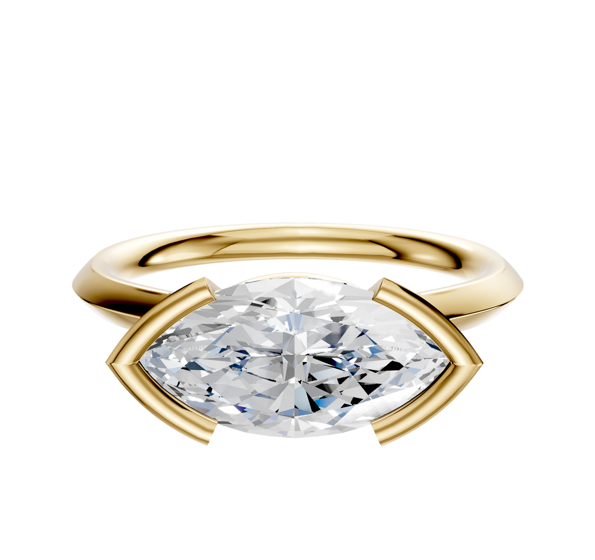 The 14K Yellow Gold Bezel Half Bezel East/West Cathedral Knife Edge 2.0mm Engagement Ring showcases a large marquise-cut diamond set horizontally with prongs, displayed on a plain white background.
