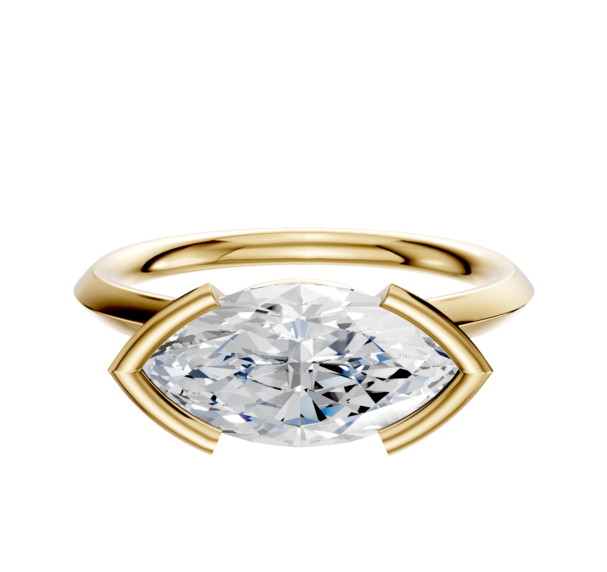 The 14K Yellow Gold Bezel Half Bezel East/West Cathedral Knife Edge 2.0mm Engagement Ring showcases a large marquise-cut diamond set horizontally with prongs, displayed on a plain white background.