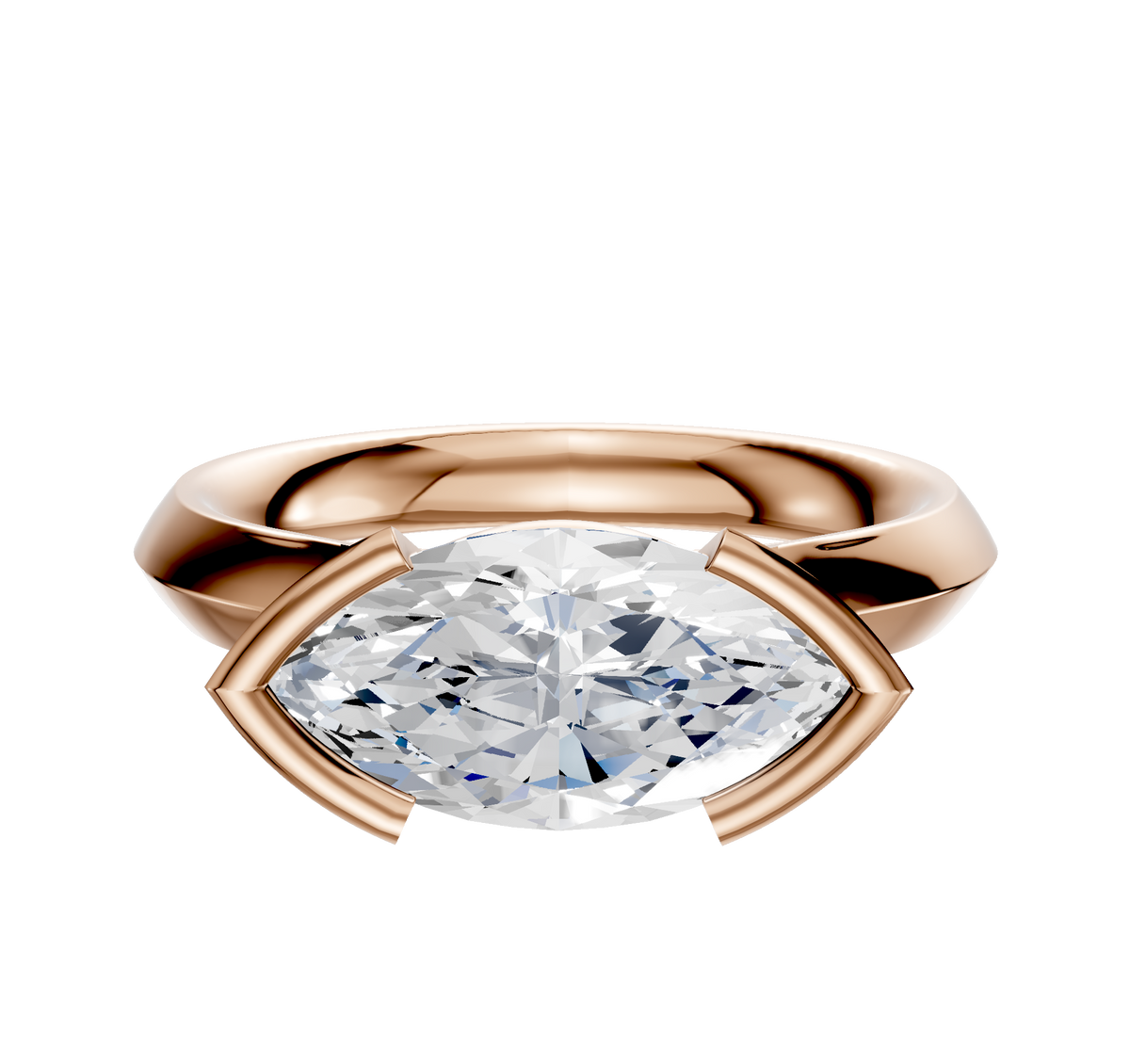 An 18K rose gold East/West cathedral knife edge engagement ring with a half bezel setting and a 3.0mm geometric-cut clear diamond, displayed on a plain white background.