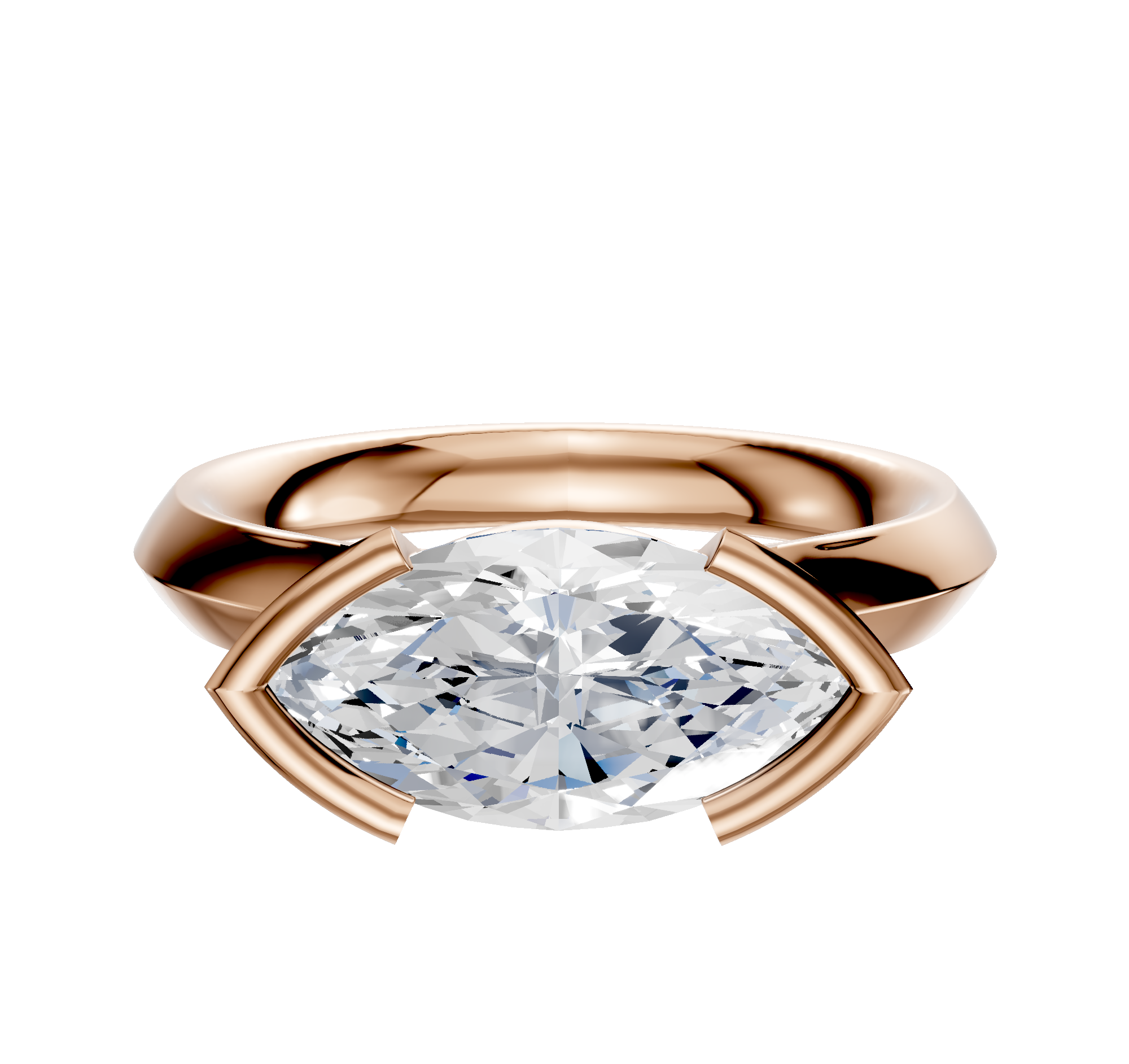An 18K rose gold East/West cathedral knife edge engagement ring with a half bezel setting and a 3.0mm geometric-cut clear diamond, displayed on a plain white background.