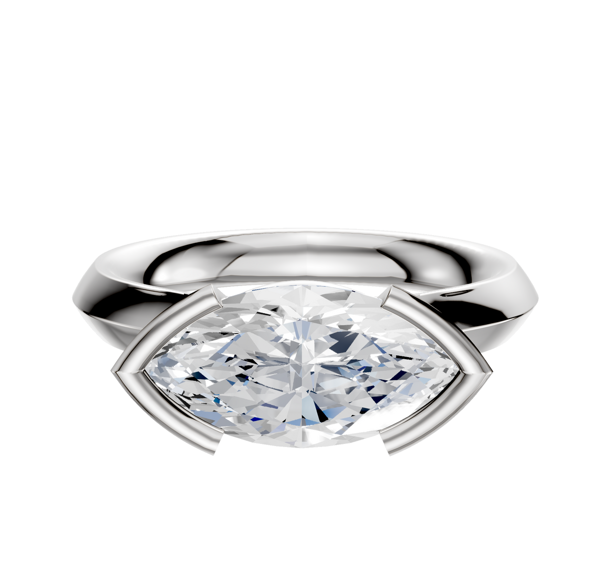 A 14K white gold bezel half bezel east/west cathedral knife edge 3.0mm engagement ring is set against a plain white background.